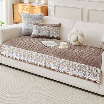 BelleLace Series Premium Imperial Milk Velvet Sofa Cover Mat with Lace Design -  Mocha Brown
