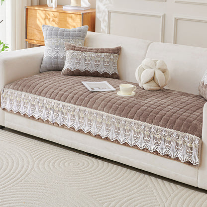BelleLace Series Premium Imperial Milk Velvet Sofa Cover Mat with Lace Design -  Mocha Brown