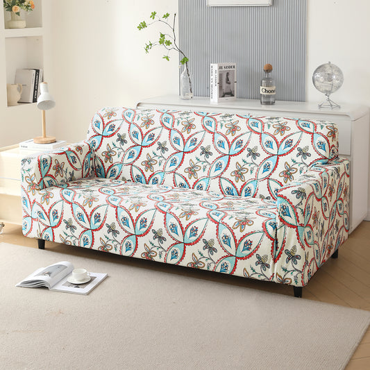 Premium Printed Velvet Sofa Cover 1/2/3 Seaters Fully Covered, Beige Persian Garden