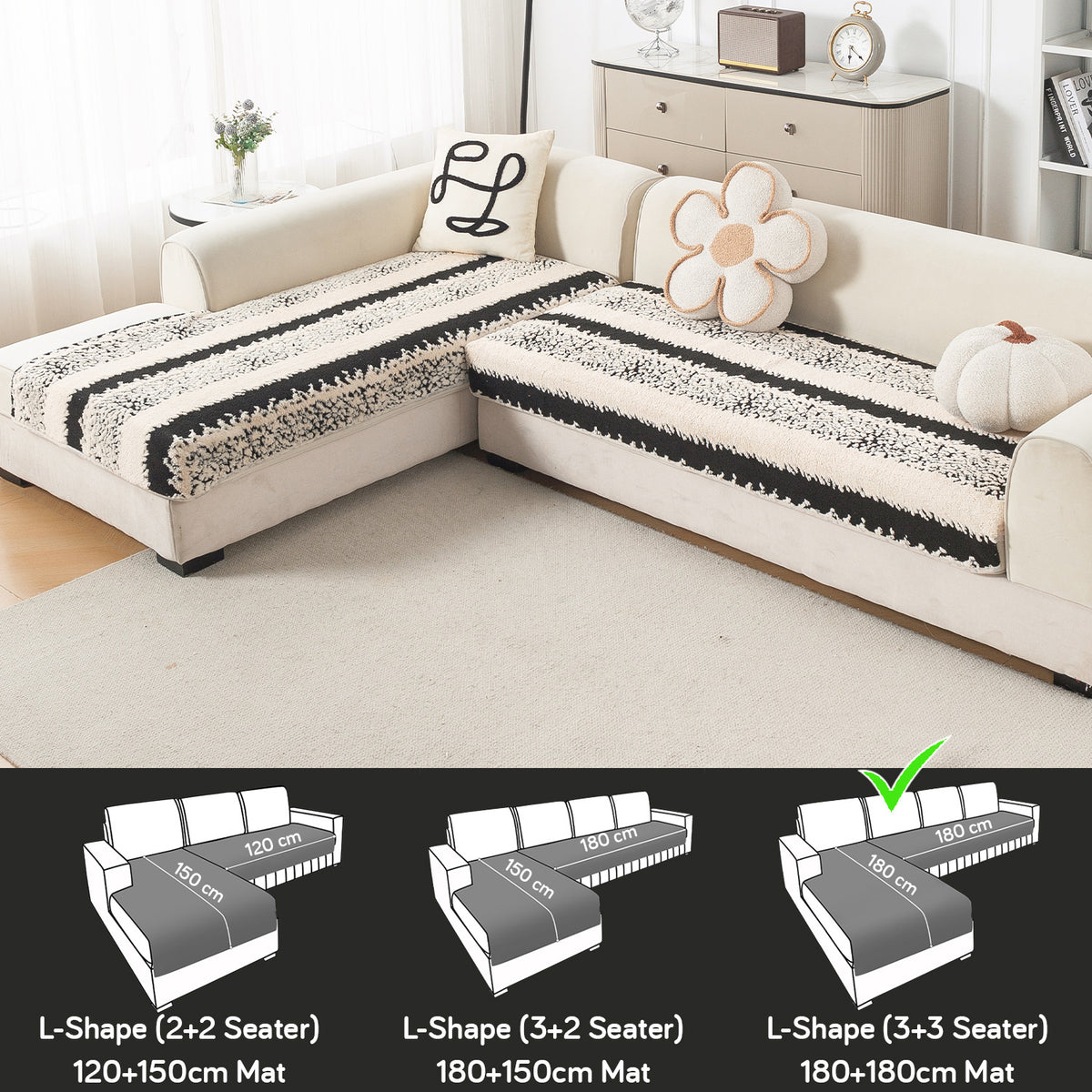 Luxury Plush Sherpa Anti Slip Combination Sofa Mat, 'Noirea Series'|Textured Stripe