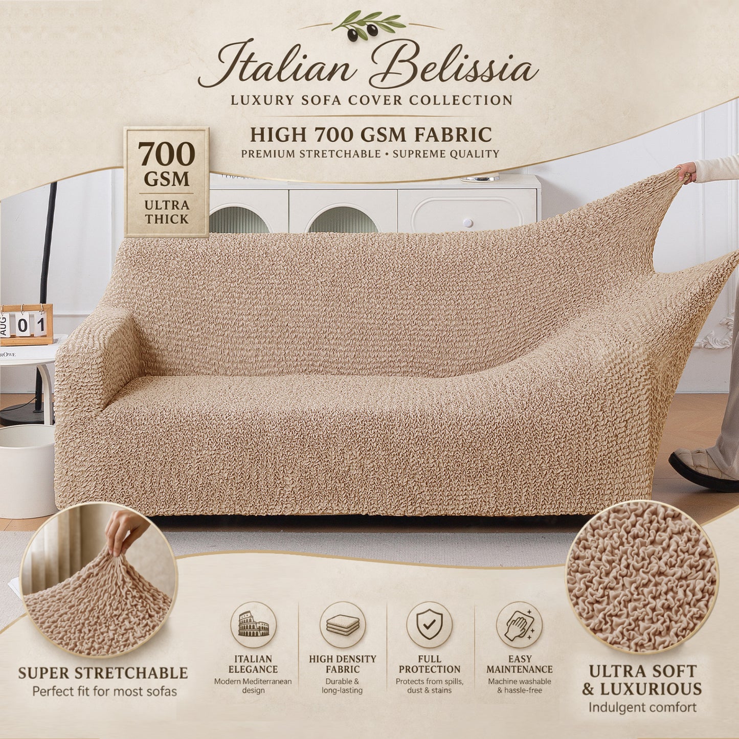 Italian Belissia Luxe Series' Super Stretchable Microfiber 1/2/3 Seater Sofa Cover, Latte Beige