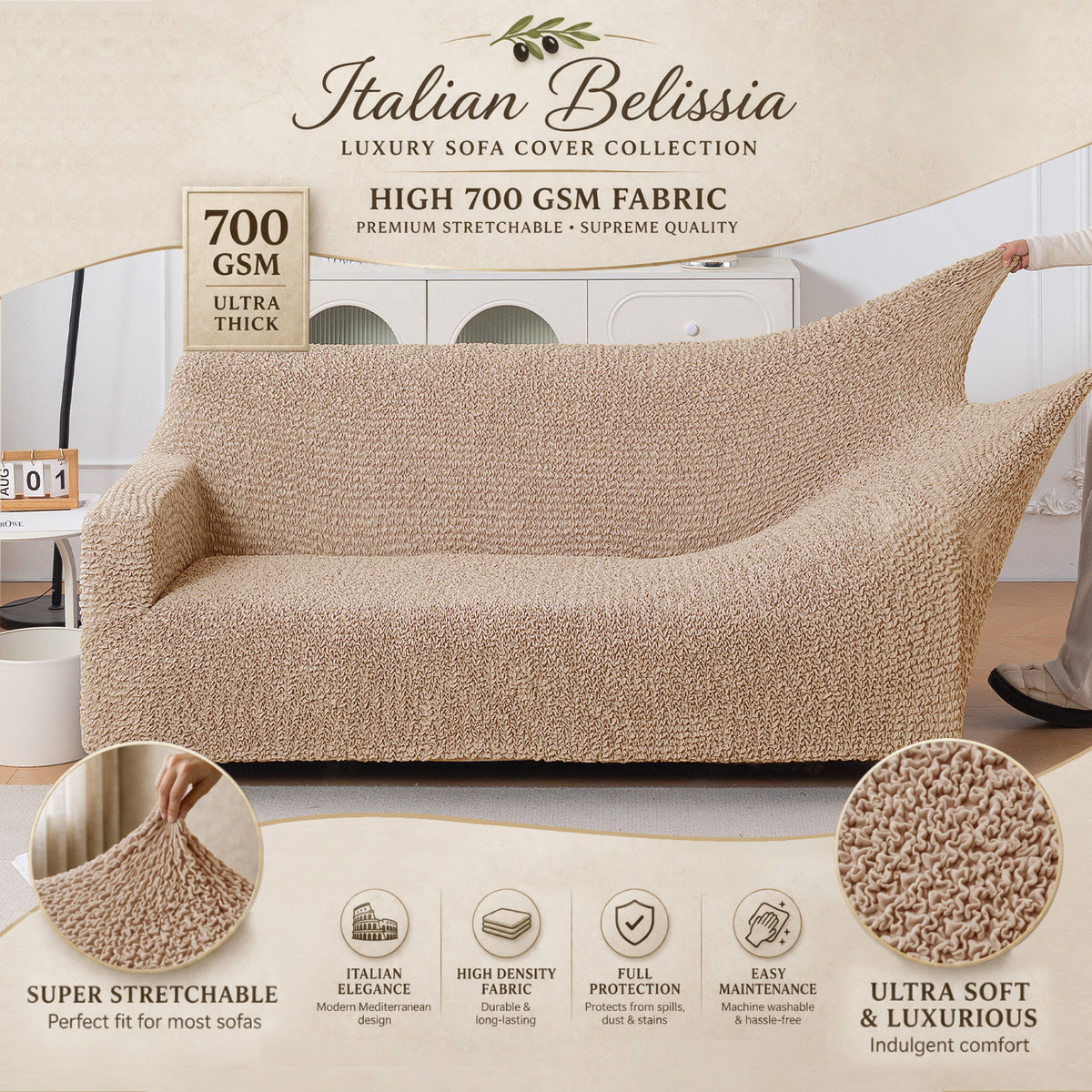 Italian Belissia Luxe Series' Super Stretchable Microfiber 1/2/3 Seater Sofa Cover, Latte Beige