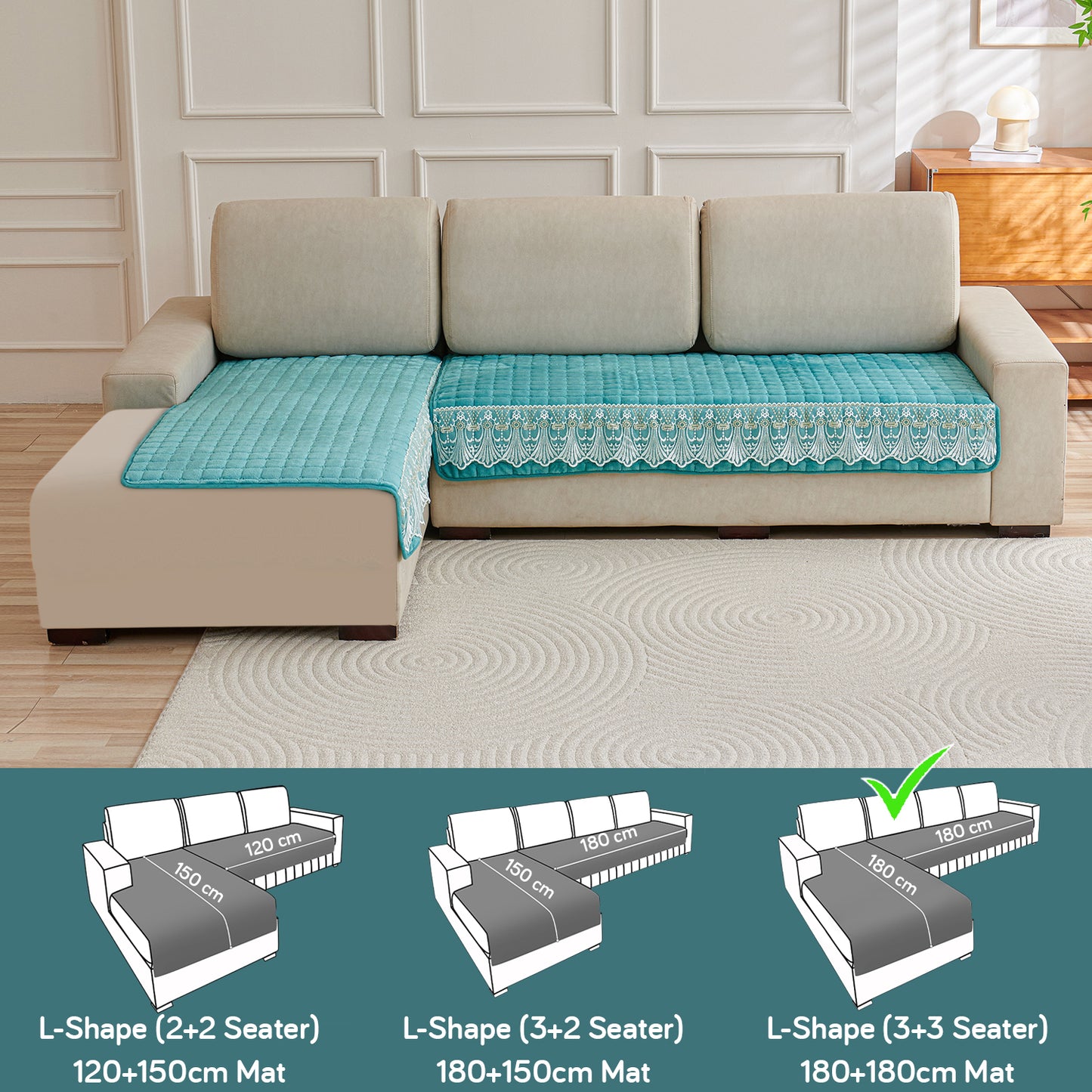 BelleLace Series Imperial Milk Velvet L Shape Sofa Cover Mat with Lace Design - Teal