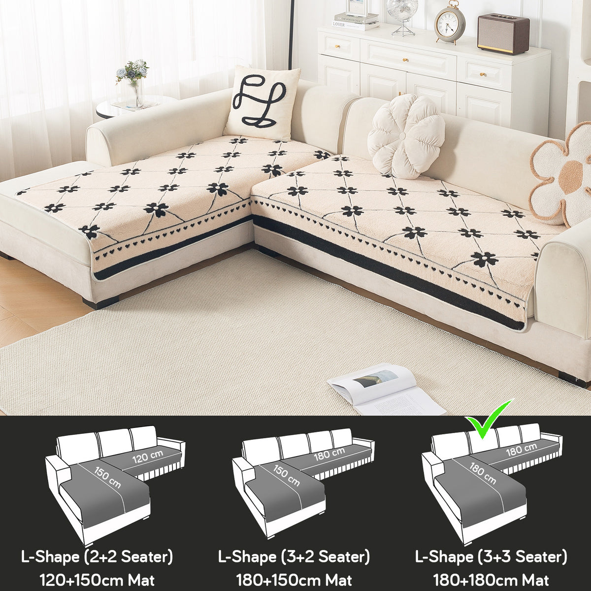 Luxury Plush Sherpa Anti Slip Combination Sofa Mat, 'Noirea Series'|Floral Lattice