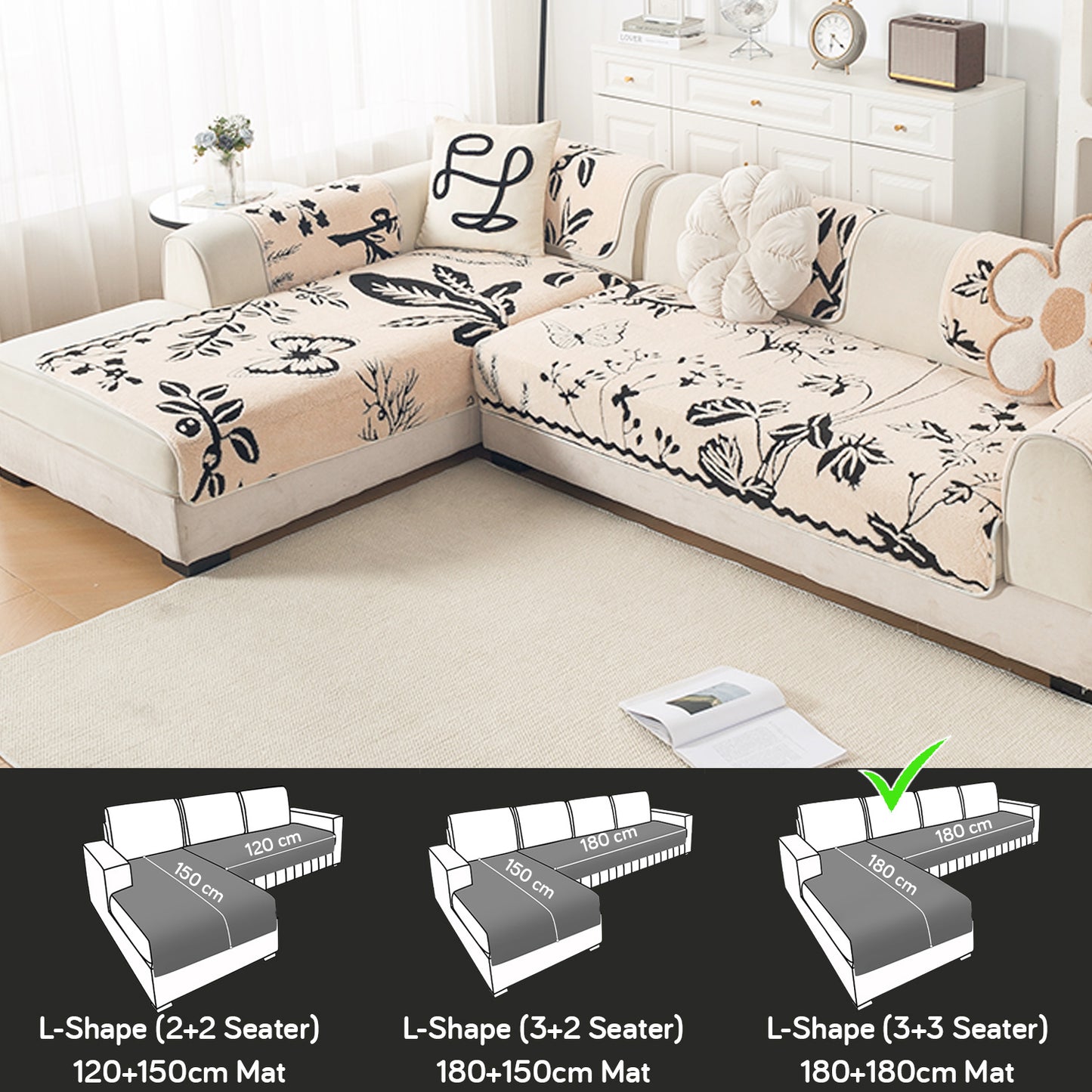 Luxury Plush Sherpa Anti Slip L Shape & Combination Sofa Mat, 'Noirea Series'|Butterfly Garden