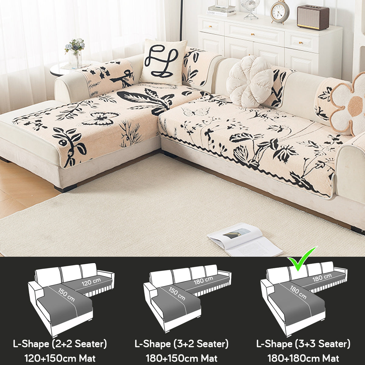 Luxury Plush Sherpa Anti Slip Combination Sofa Mat, 'Noirea Series'|Butterfly Garden