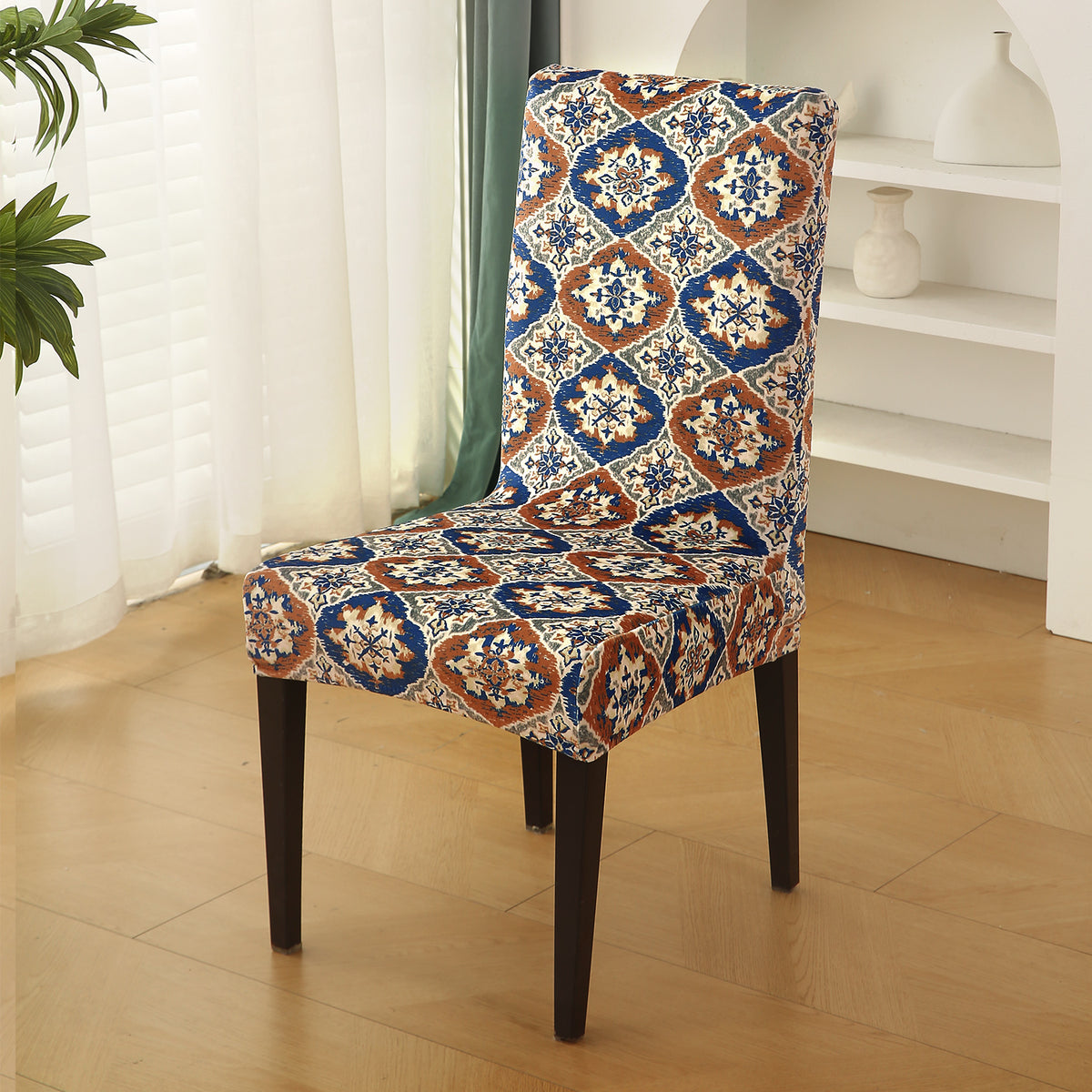 Premium Printed Velvet Dining Chair Cover Set, Indigo Moroccan Charm