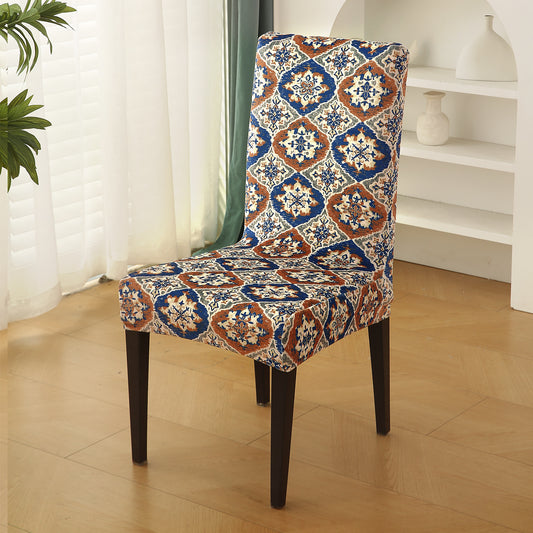 Premium Printed Velvet Dining Chair Cover Set, Indigo Moroccan Charm