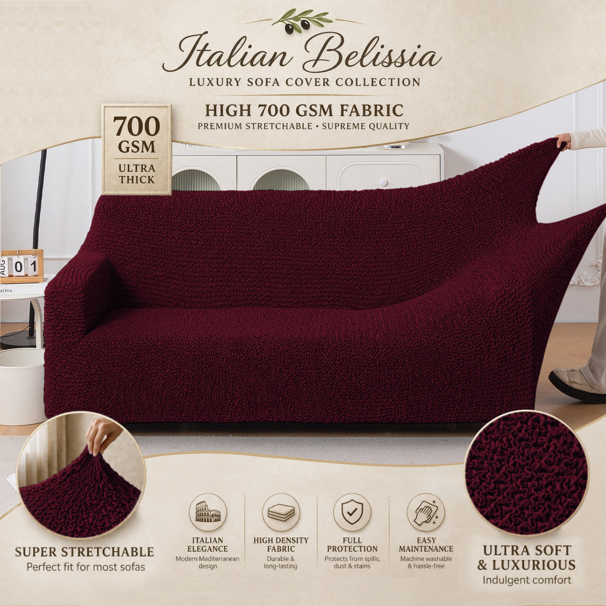 Italian Belissia Luxe Series' Super Stretchable Microfiber 1/2/3 Seater Sofa Cover, Merlot Wine