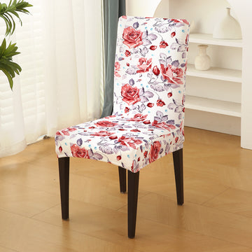 Premium Printed Velvet Dining Chair Cover Set, Red Cottage Rose