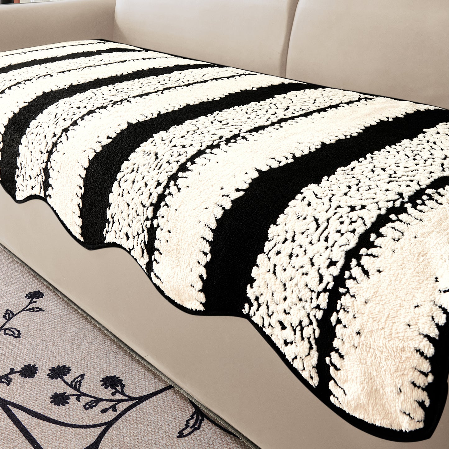 Luxury Wavy Plush Anti-Slip Sofa Cover Mats - Black