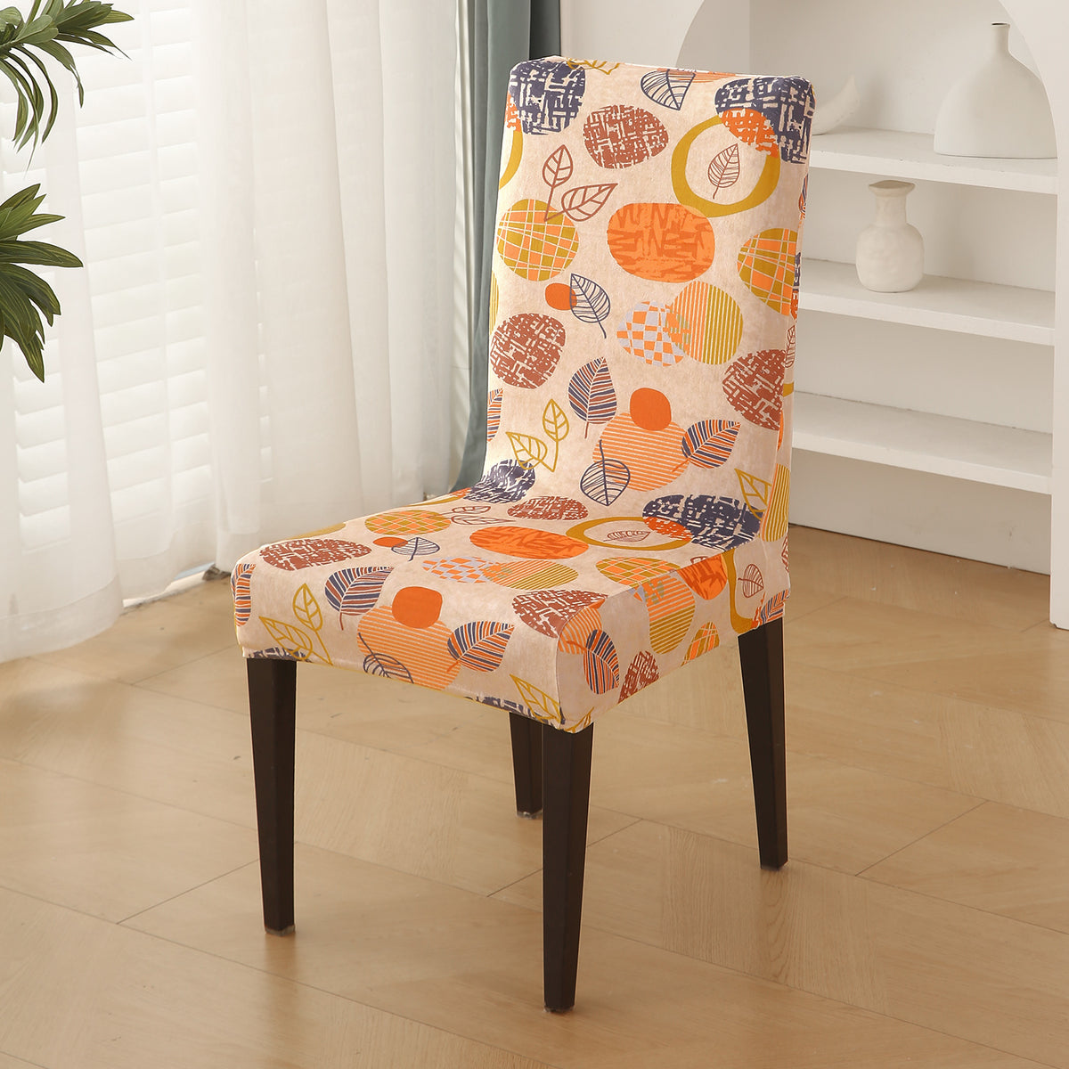 Premium Printed Velvet Dining Chair Cover Set, Coral Autumn Leaves