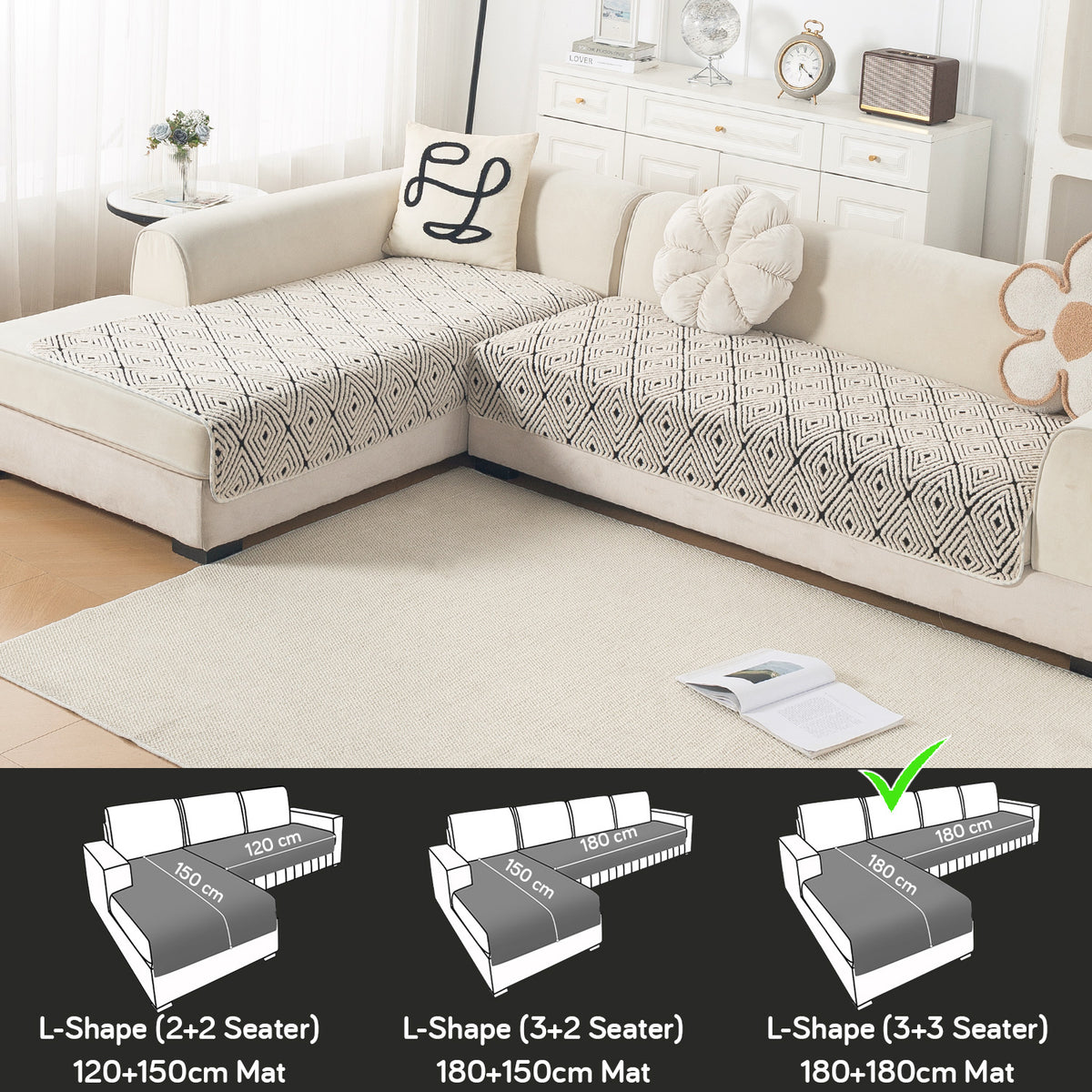 Luxury Plush Sherpa Anti Slip Combination Sofa Mat, 'Noirea Series'|Geometric Diamond