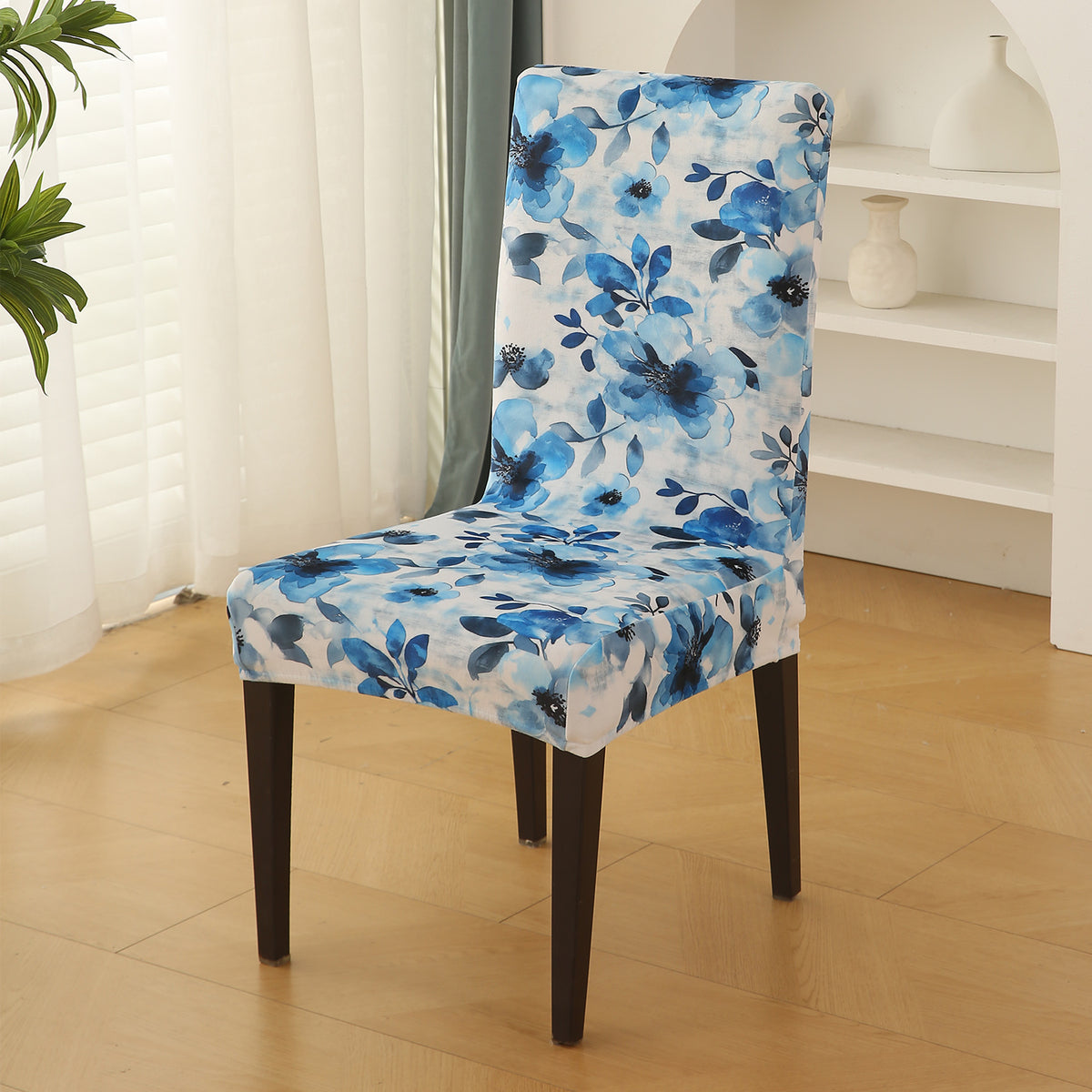 Premium Printed Velvet Dining Chair Cover Set, Blue Azure Botanical