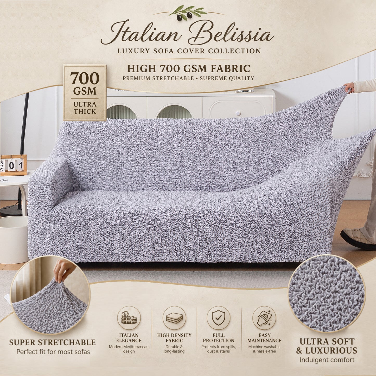 Italian Belissia Luxe Series' Super Stretchable Microfiber 1/2/3 Seater Sofa Cover, Ice Grey