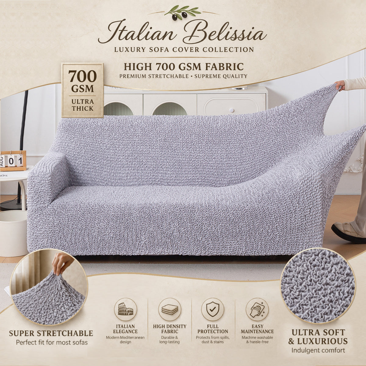 Italian Belissia Luxe Series' Super Stretchable Microfiber 1/2/3 Seater Sofa Cover, Ice Grey