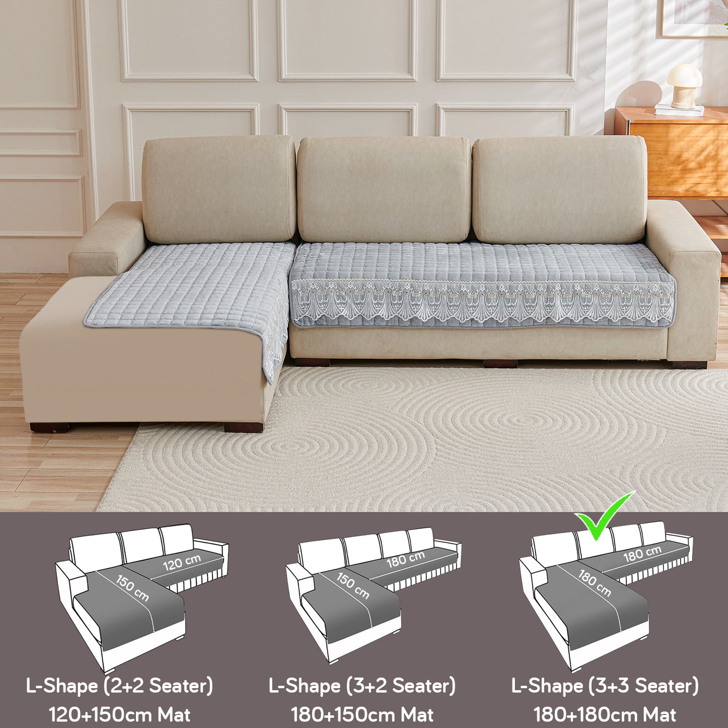 BelleLace Series Imperial Milk Velvet L Shape Sofa Cover Mat with Lace Design - Cloud Grey