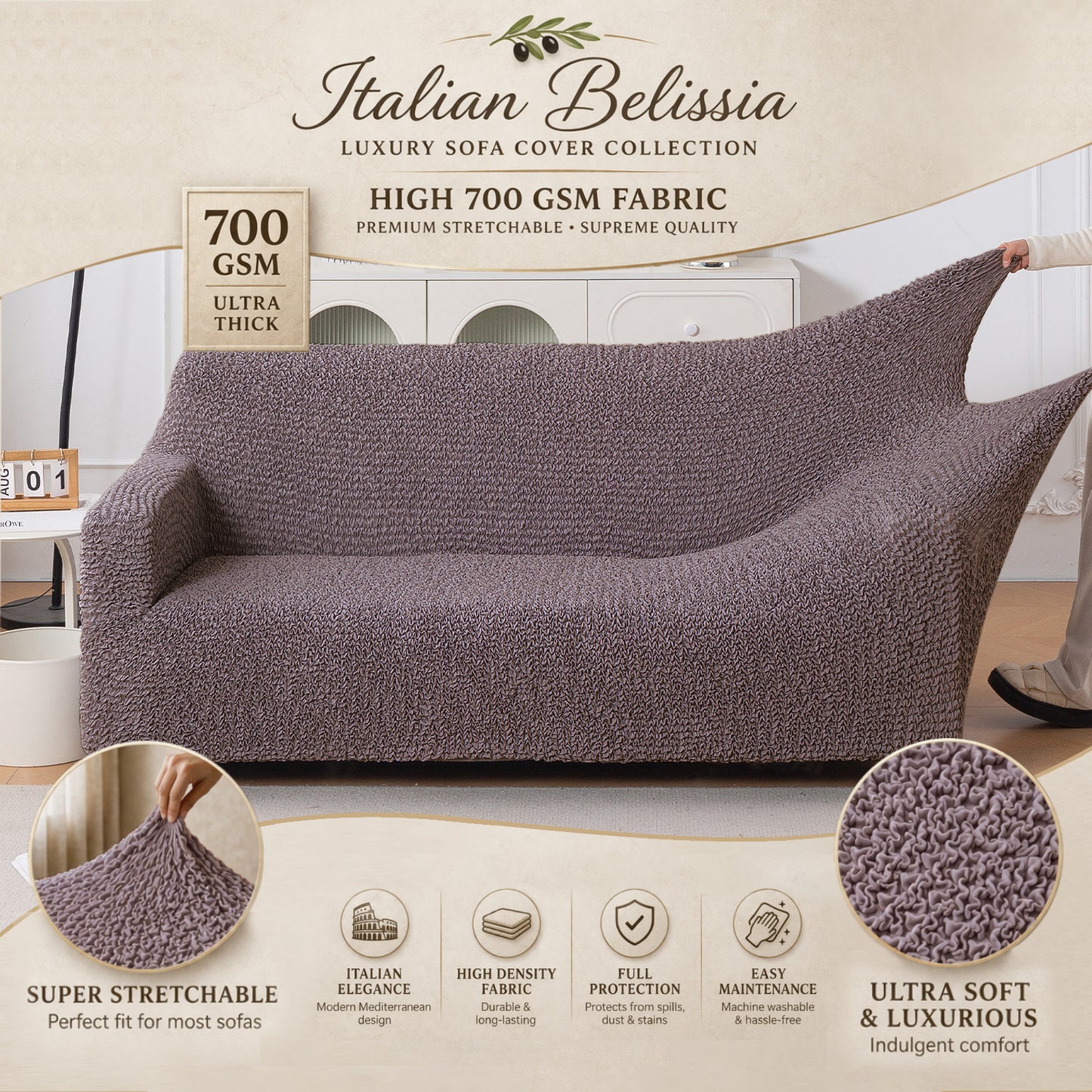 Italian Belissia Luxe Series' Super Stretchable Microfiber 1/2/3 Seater Sofa Cover, Plum Brown