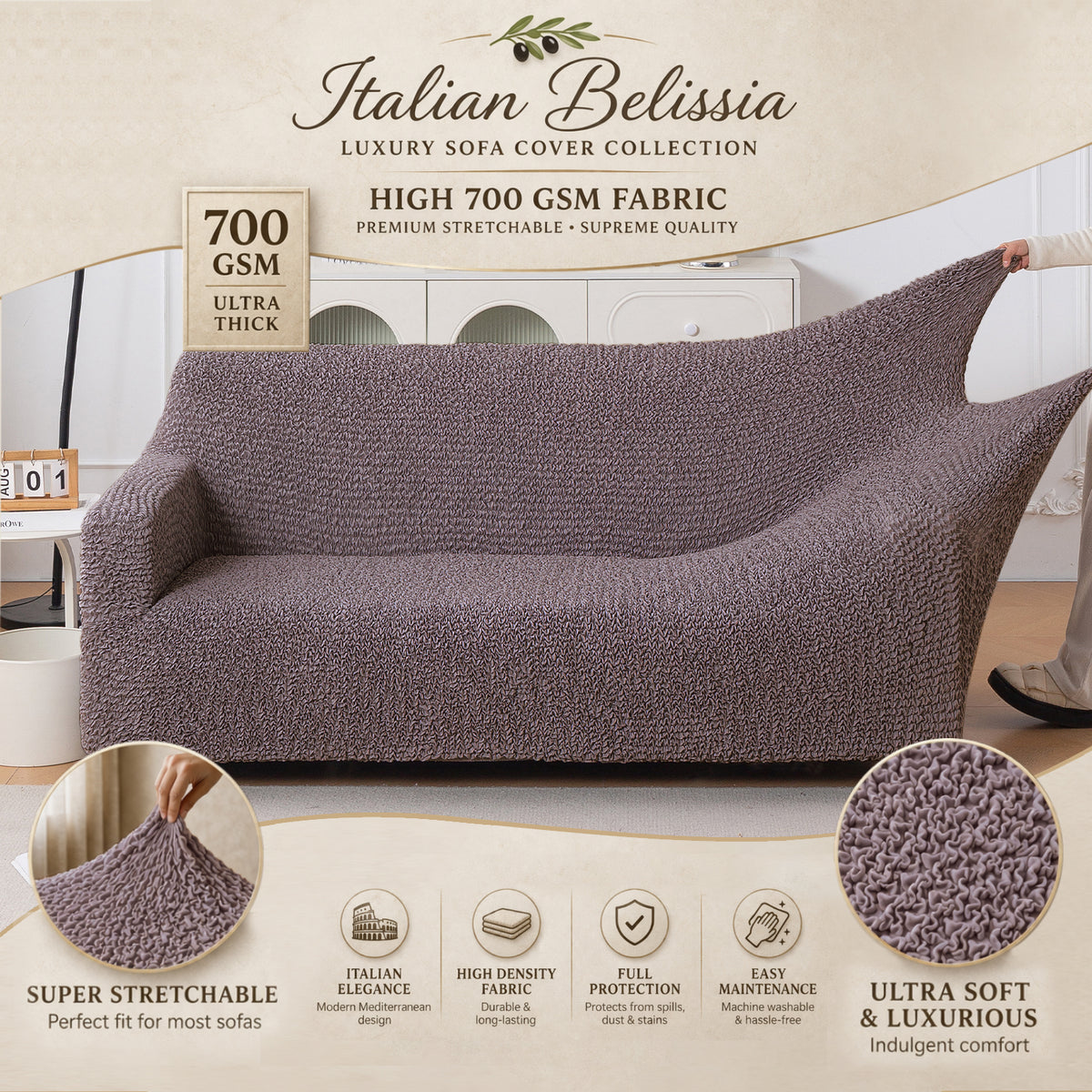 Italian Belissia Luxe Series' Super Stretchable Microfiber 1/2/3 Seater Sofa Cover, Plum Brown
