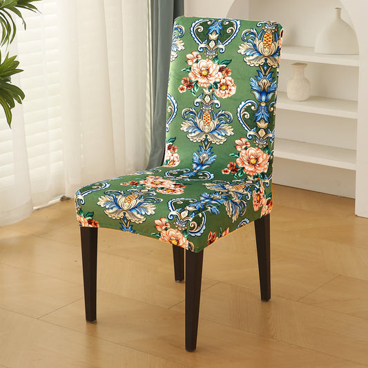 Premium Printed Velvet Dining Chair Cover Set, Green Victorian Garden