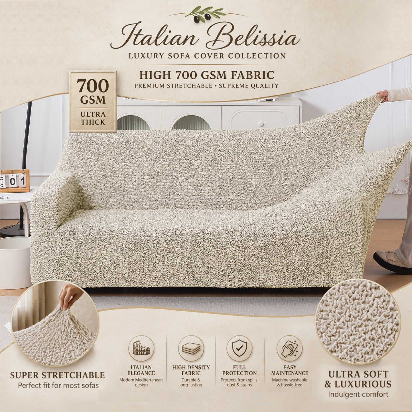 Italian Belissia Luxe Series' Super Stretchable Microfiber 1/2/3 Seater Sofa Cover, Snow Cream