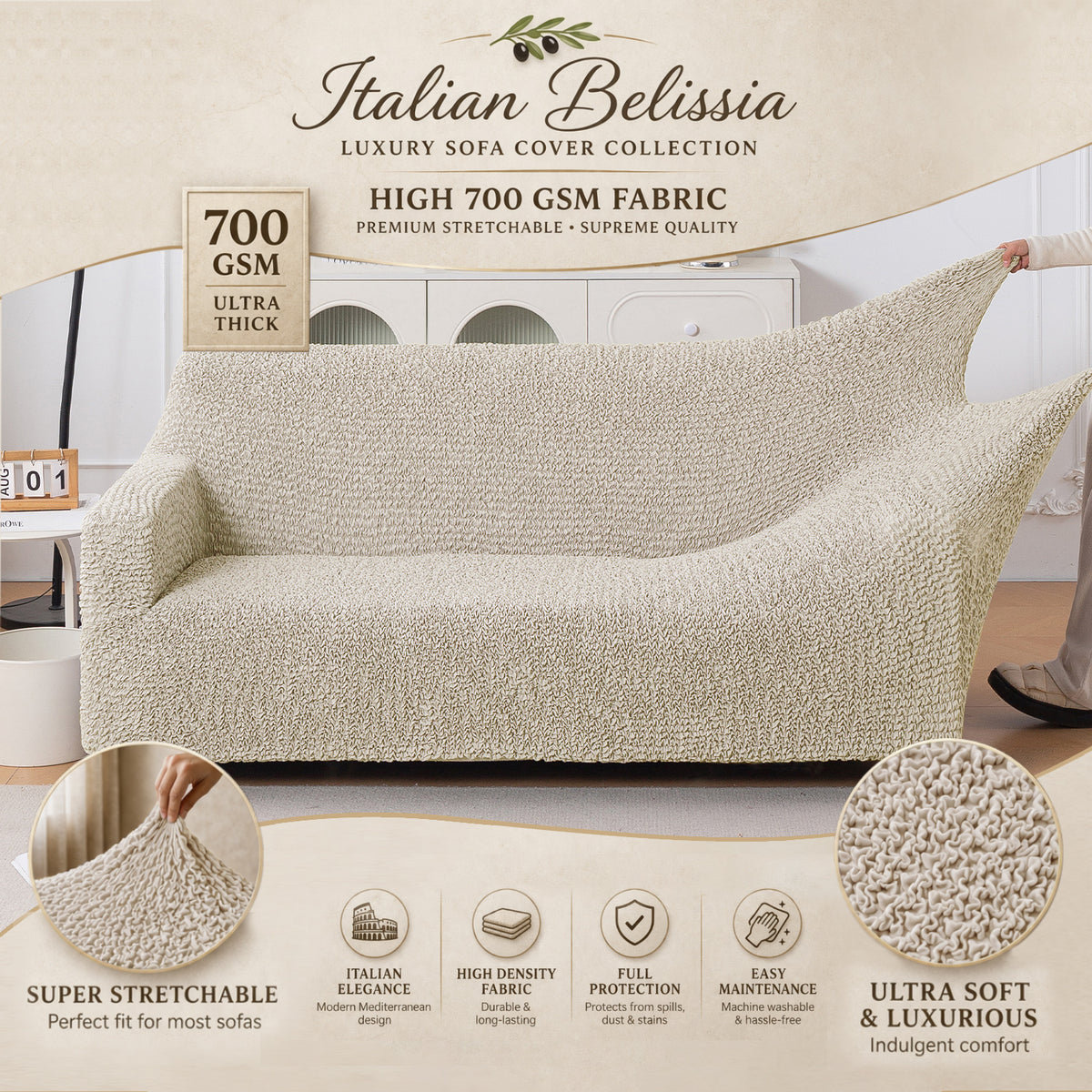 Italian Belissia Luxe Series' Super Stretchable Microfiber 1/2/3 Seater Sofa Cover, Snow Cream