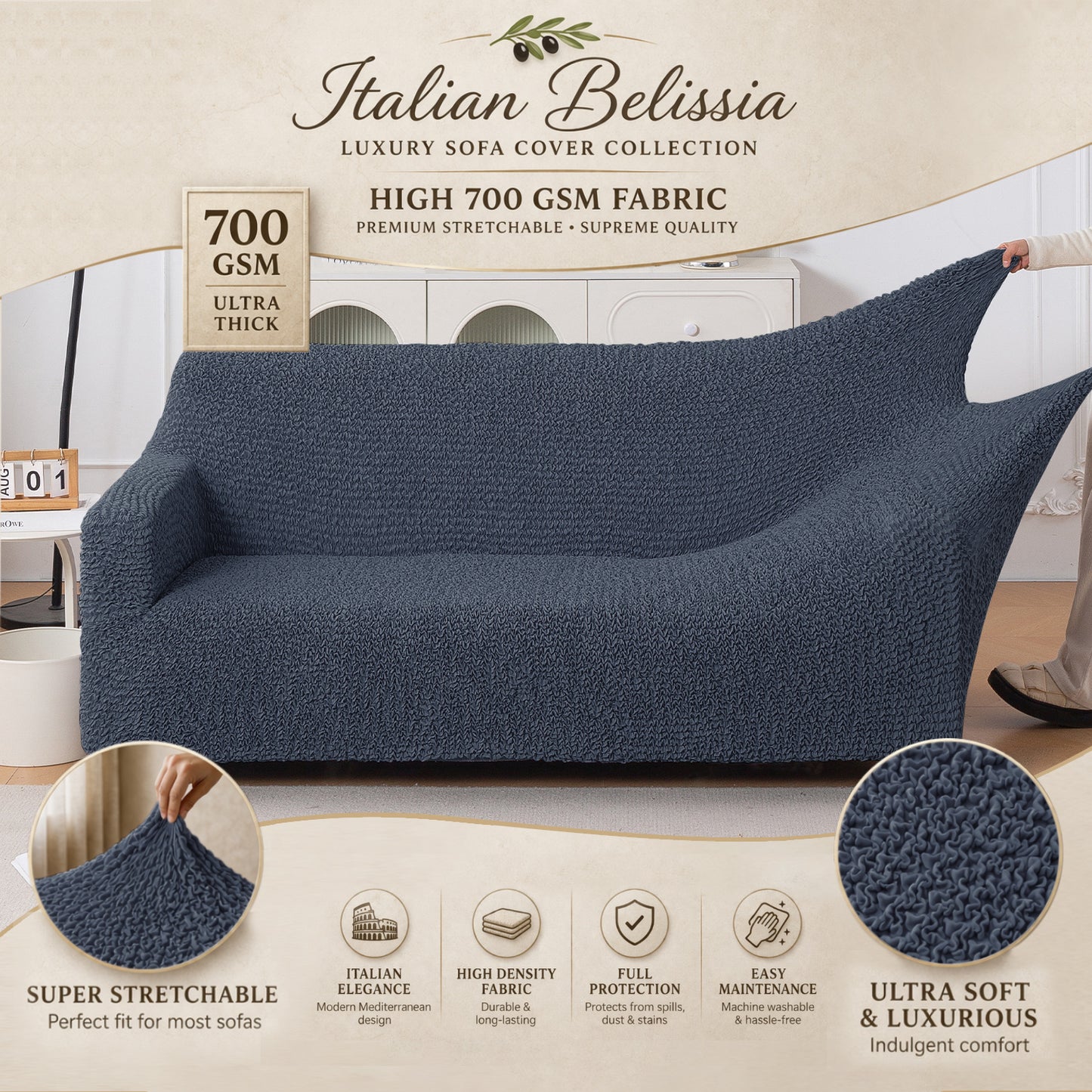 Italian Belissia Luxe Series' Super Stretchable Microfiber 1/2/3 Seater Sofa Cover, Navy Blue