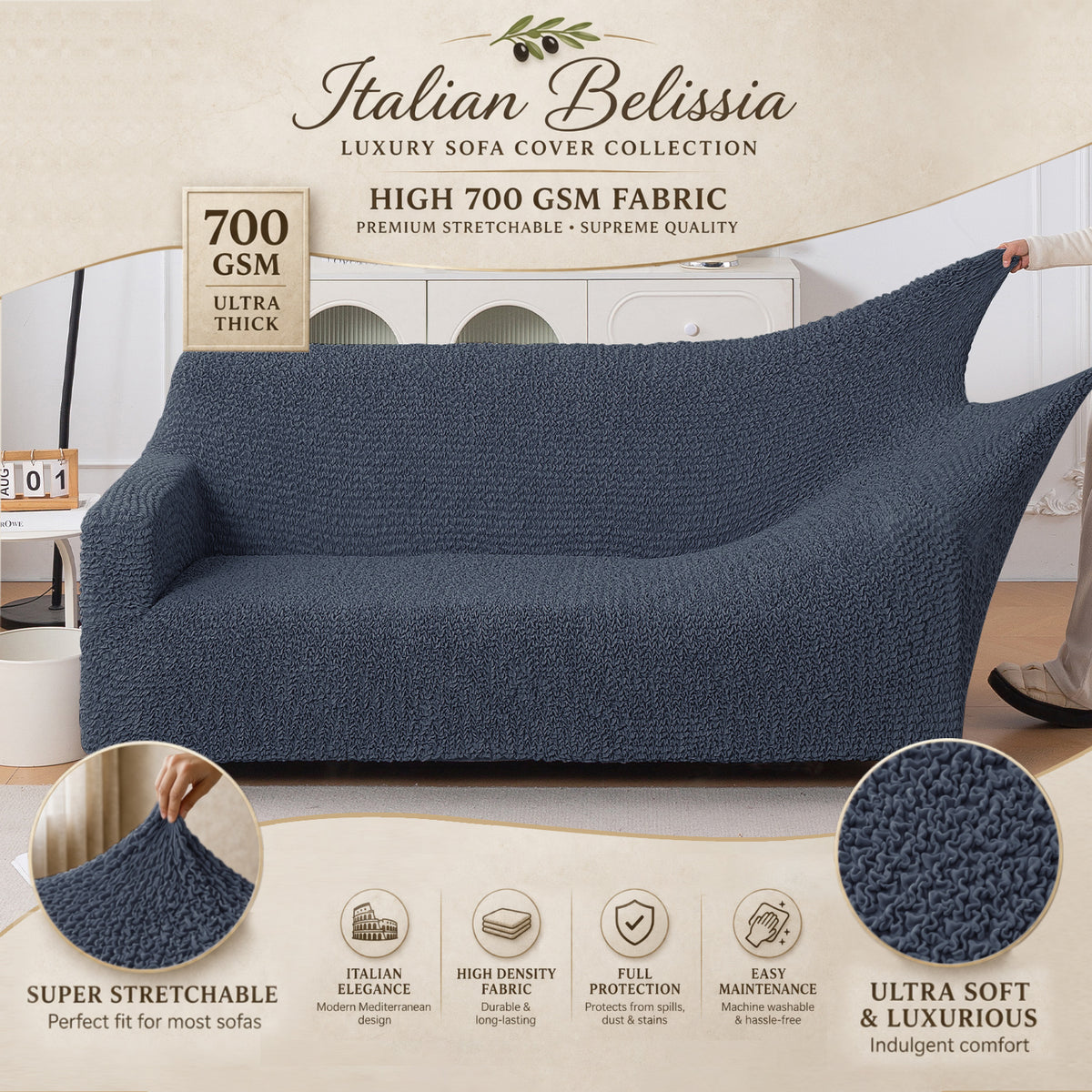 Italian Belissia Luxe Series' Super Stretchable Microfiber 1/2/3 Seater Sofa Cover, Navy Blue