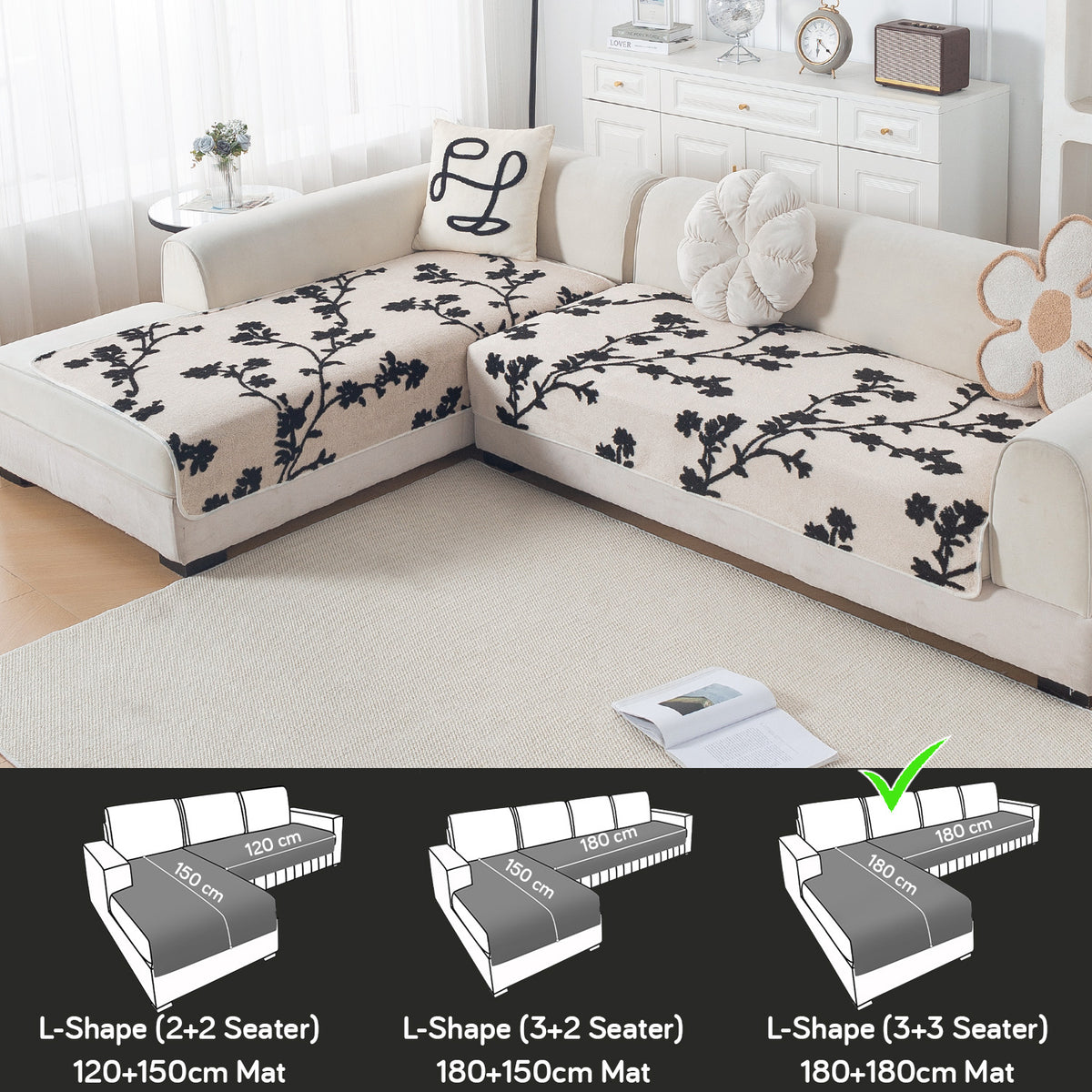 Luxury Plush Sherpa Anti Slip Combination Sofa Mat, 'Noirea Series'|Botanical Vine