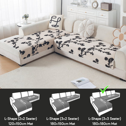 Luxury Plush Sherpa Anti Slip L Shape & Combination Sofa Mat, 'Noirea Series'|Botanical Vine