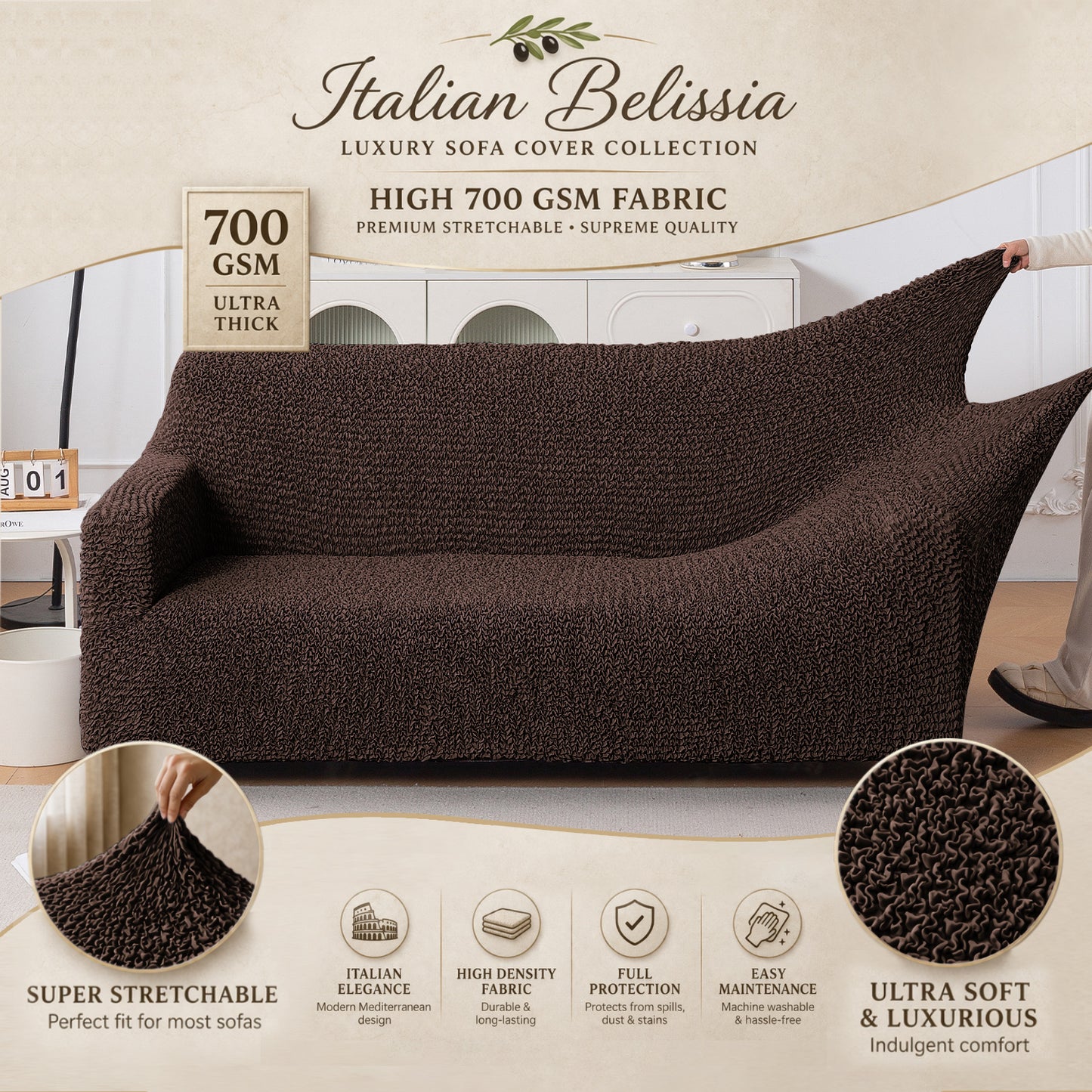 Italian Belissia Luxe Series' Super Stretchable Microfiber 1/2/3 Seater Sofa Cover, Chocolate Brown