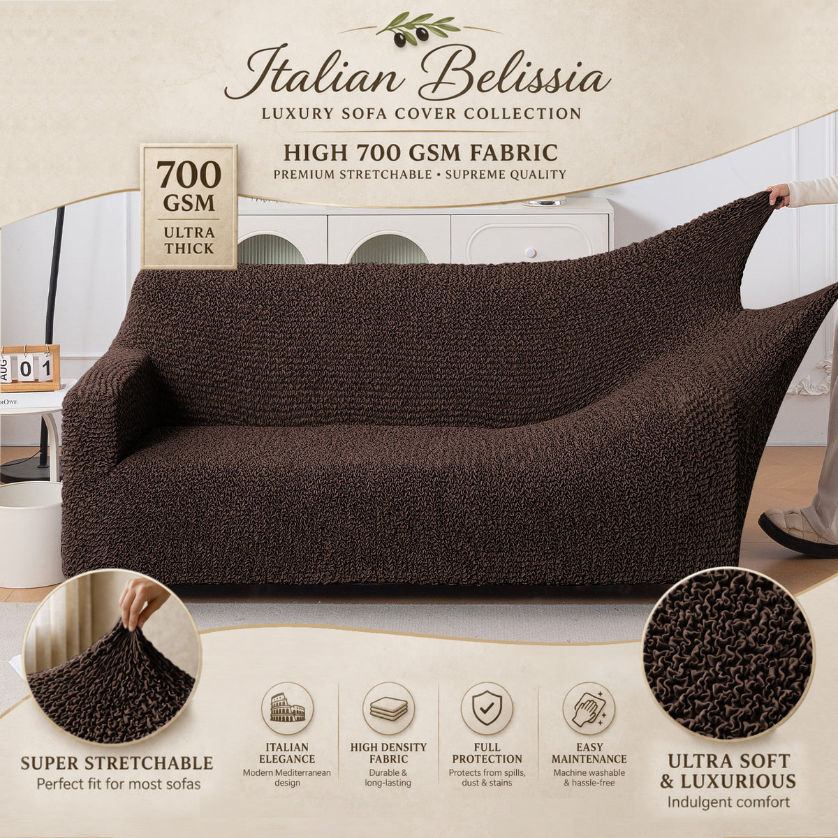 Italian Belissia Luxe Series' Super Stretchable Microfiber 1/2/3 Seater Sofa Cover, Chocolate Brown