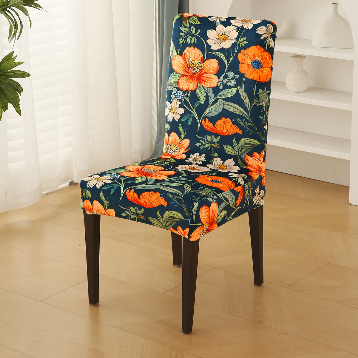 Premium Printed Velvet Dining Chair Cover Set, Teal Twilight Garden