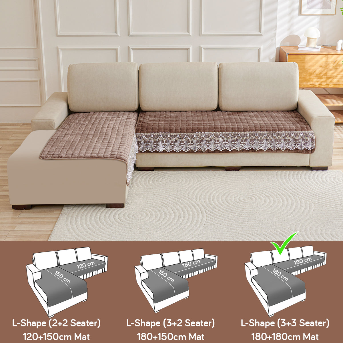 BelleLace Series Imperial Milk Velvet L Shape Sofa Cover Mat with Lace Design - Mocha Brown