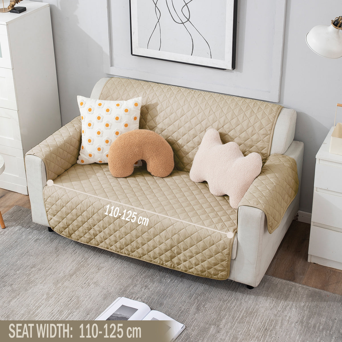 Beige quilted two seater sofa cover​ 