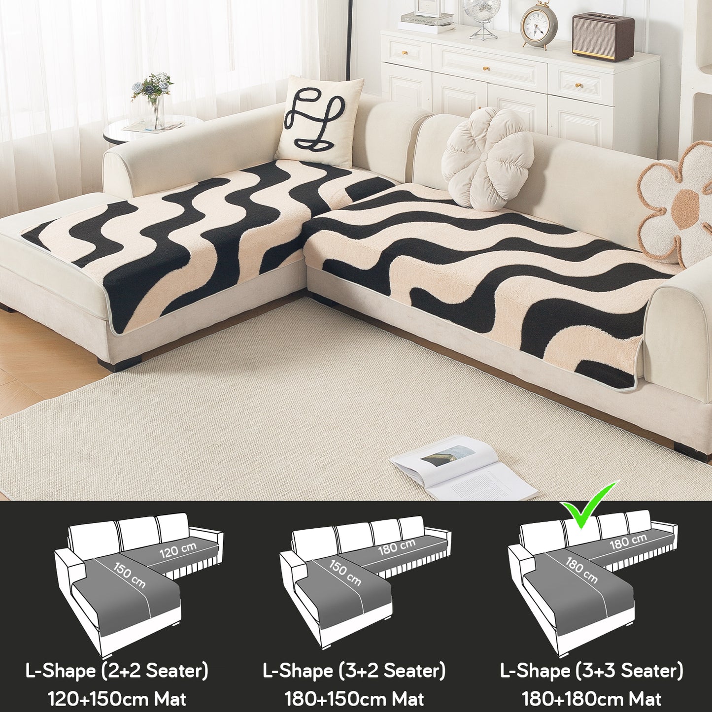 Luxury Plush Sherpa Anti Slip L Shape & Combination Sofa Mat, 'Noirea Series'|Wavy Stripe