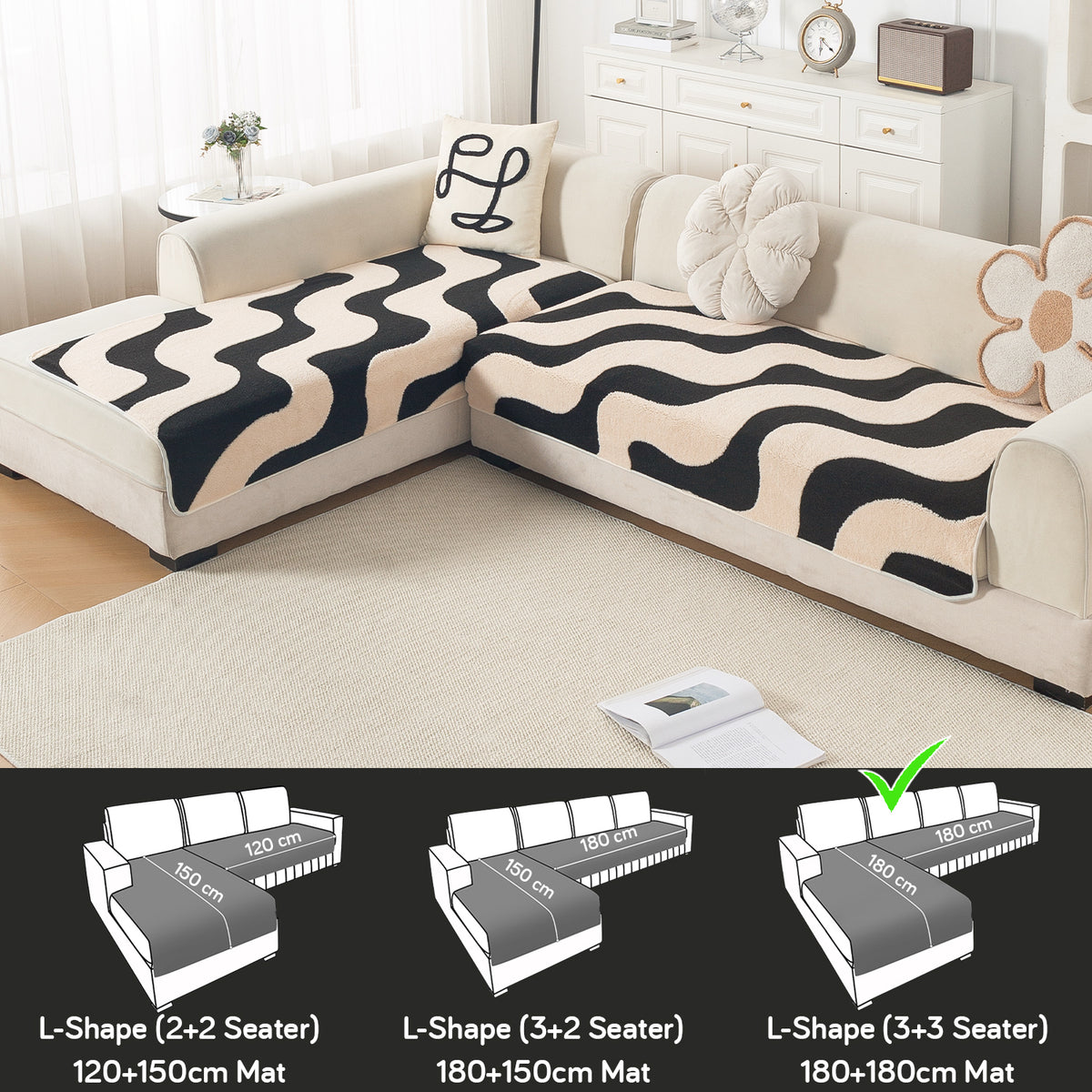 Luxury Plush Sherpa Anti Slip Combination Sofa Mat, 'Noirea Series'|Wavy Stripe