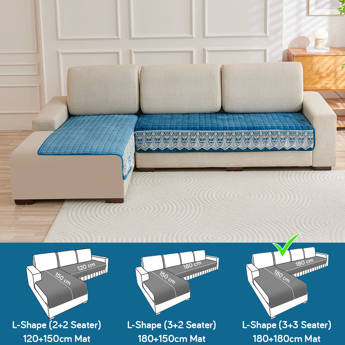 BelleLace Series Imperial Milk Velvet L Shape Sofa Cover Mat with Lace Design - Celdaon Blue