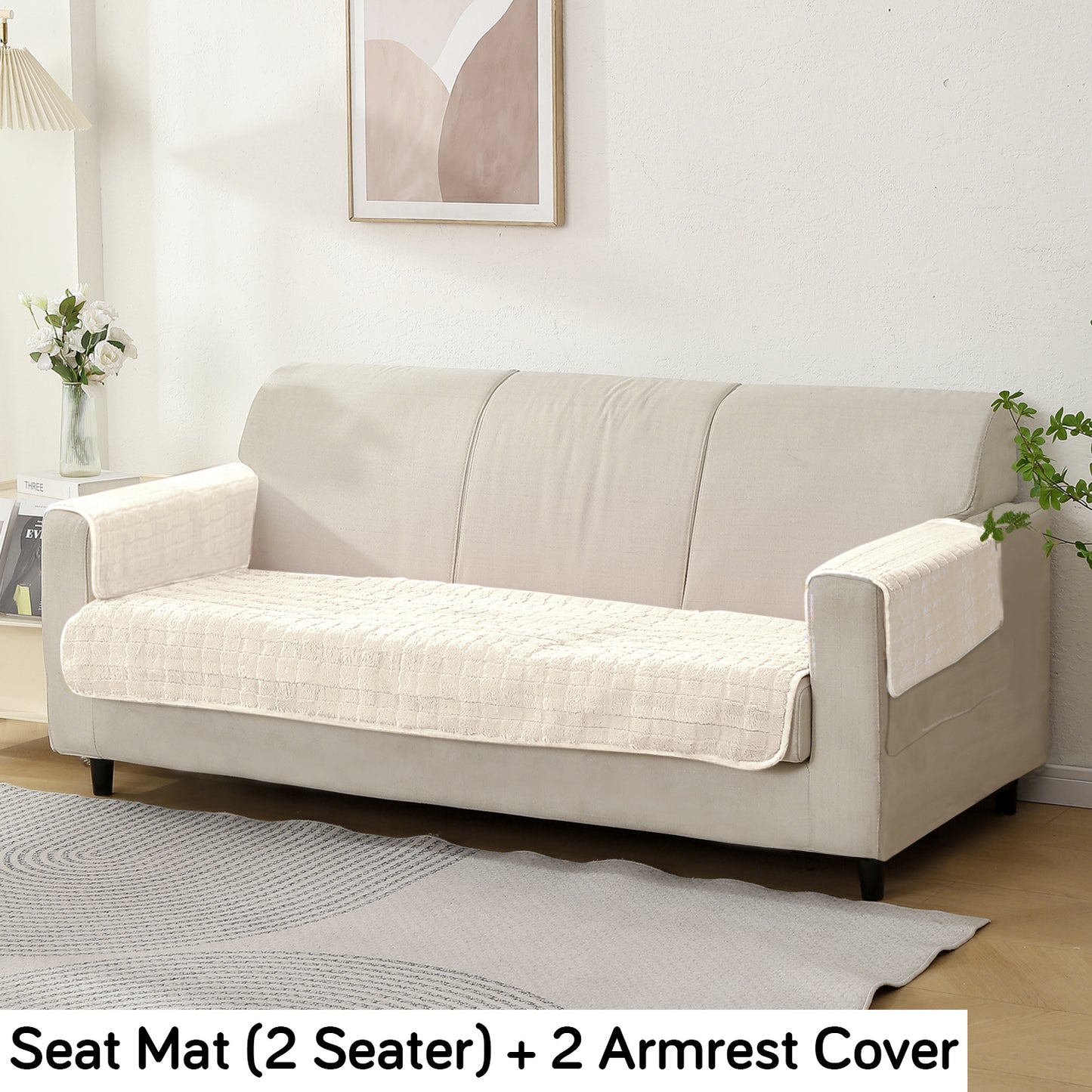 Premium Plush Sofa Cover Mat with 2 Armrest Cover and Cushion Cover, White
