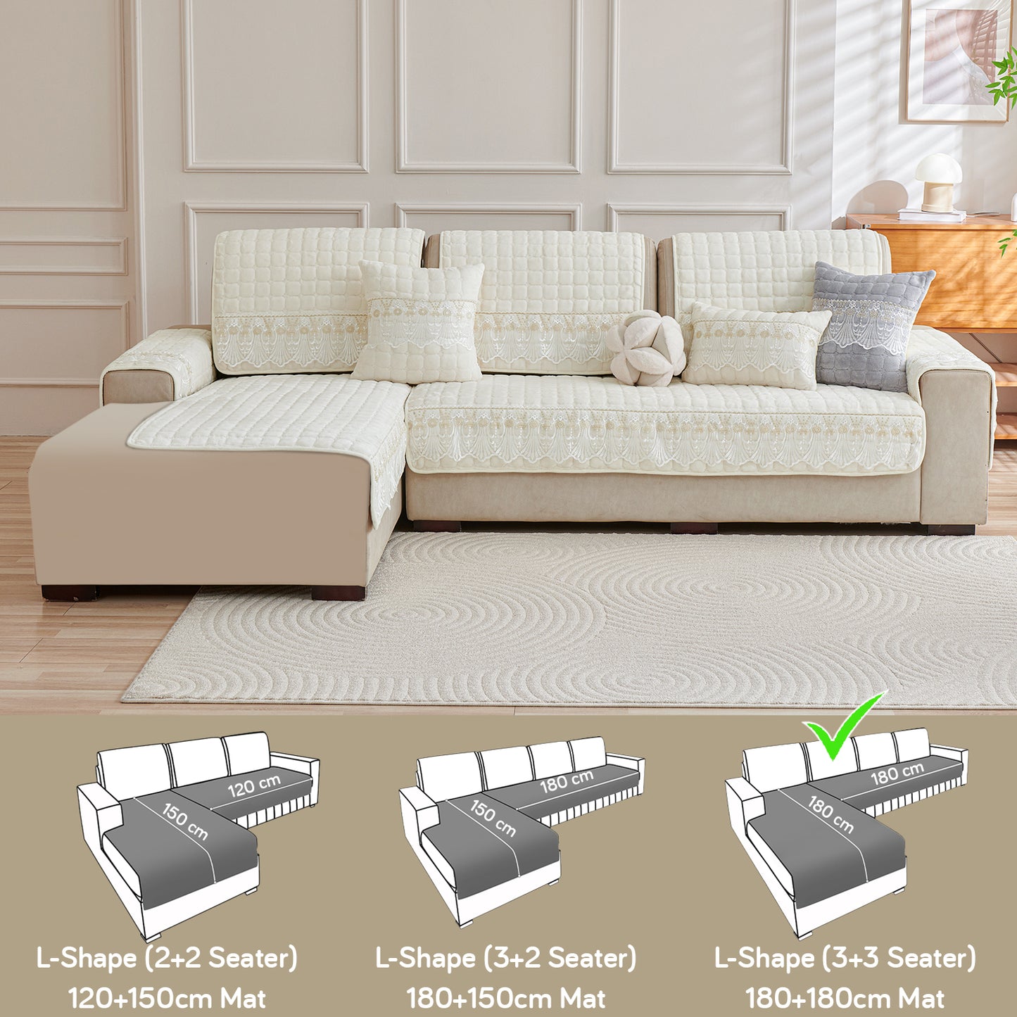 BelleLace Series Imperial Milk Velvet L Shape Sofa Cover Mat with Lace Design - Pearl White