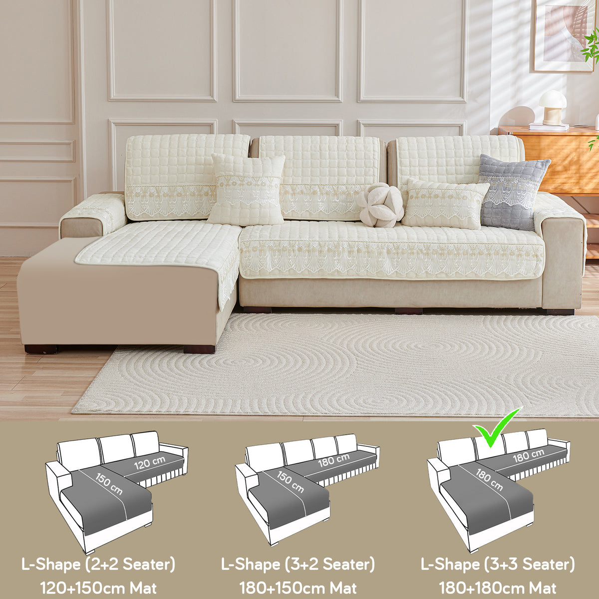 Pearl White Colour BelleLace Imperial Milk Velvet L Shape Sofa Cover