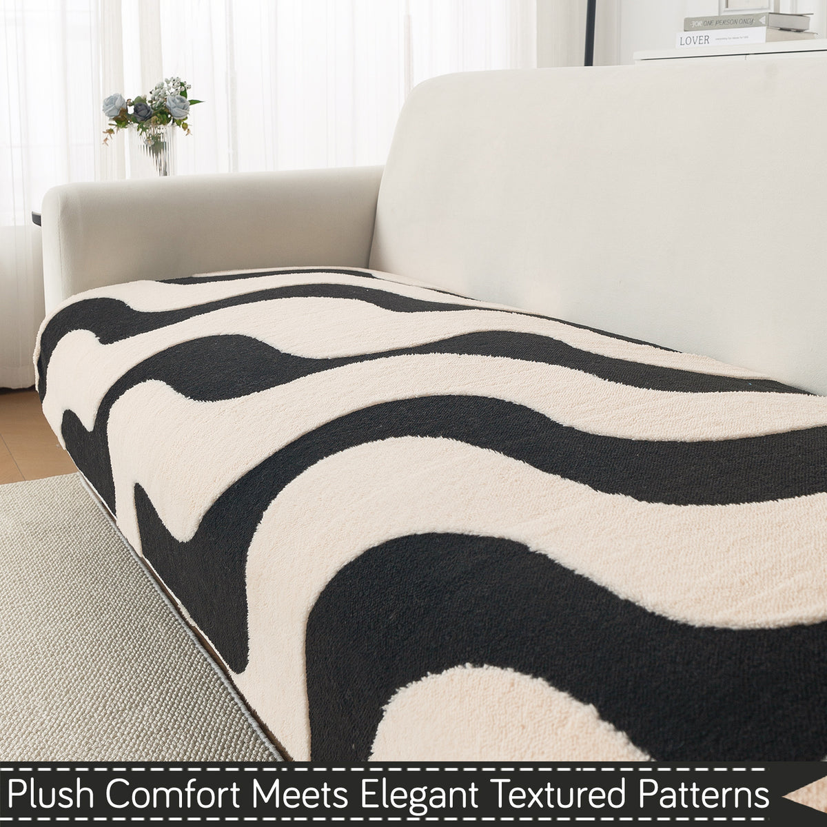 Luxury Plush Sherpa Anti Slip Combination Sofa Mat, 'Noirea Series'|Wavy Stripe