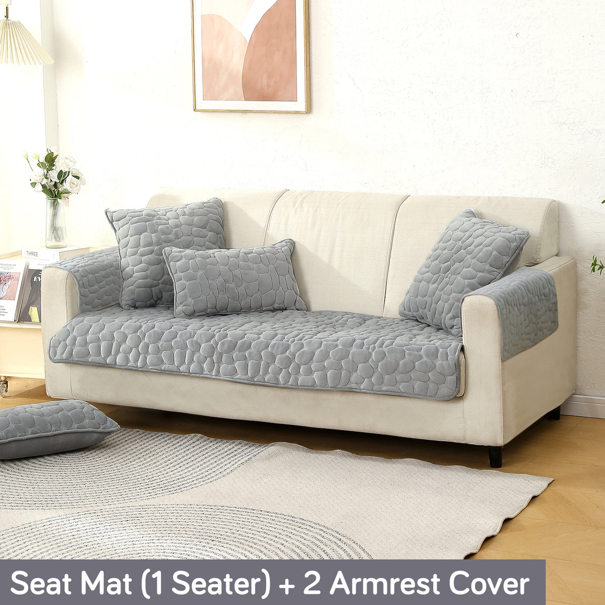 Premium Pebble Milk Velvet Anti Slip Sofa Cover Mat with 2 Armrest Cover, Moon Grey