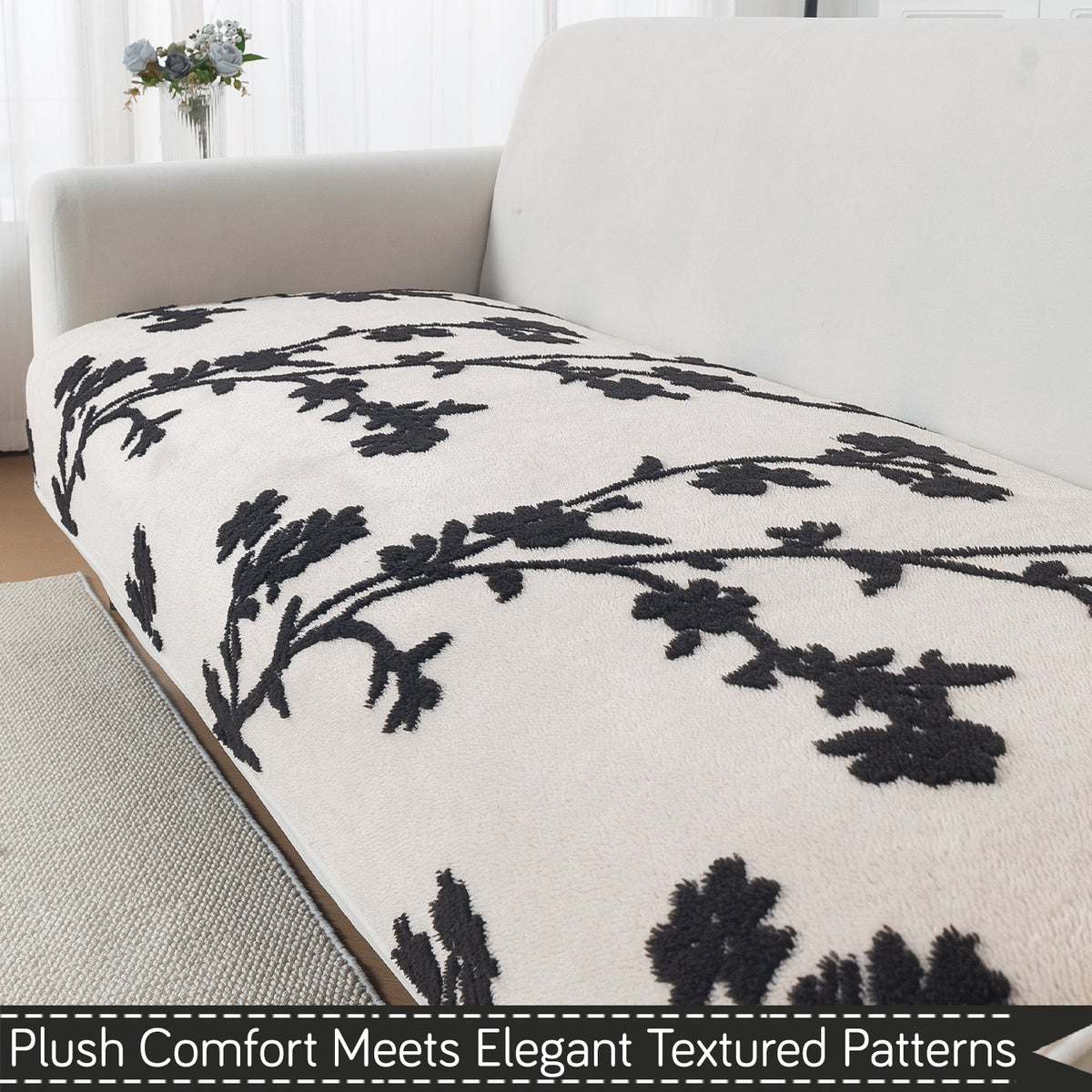 Luxury Plush Sherpa Anti Slip Combination Sofa Mat, 'Noirea Series'|Botanical Vine
