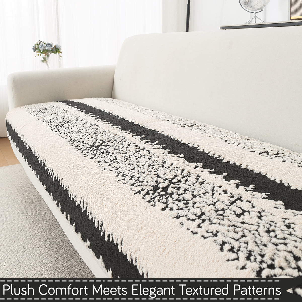 Luxury Plush Sherpa Anti Slip Combination Sofa Mat, 'Noirea Series'|Textured Stripe