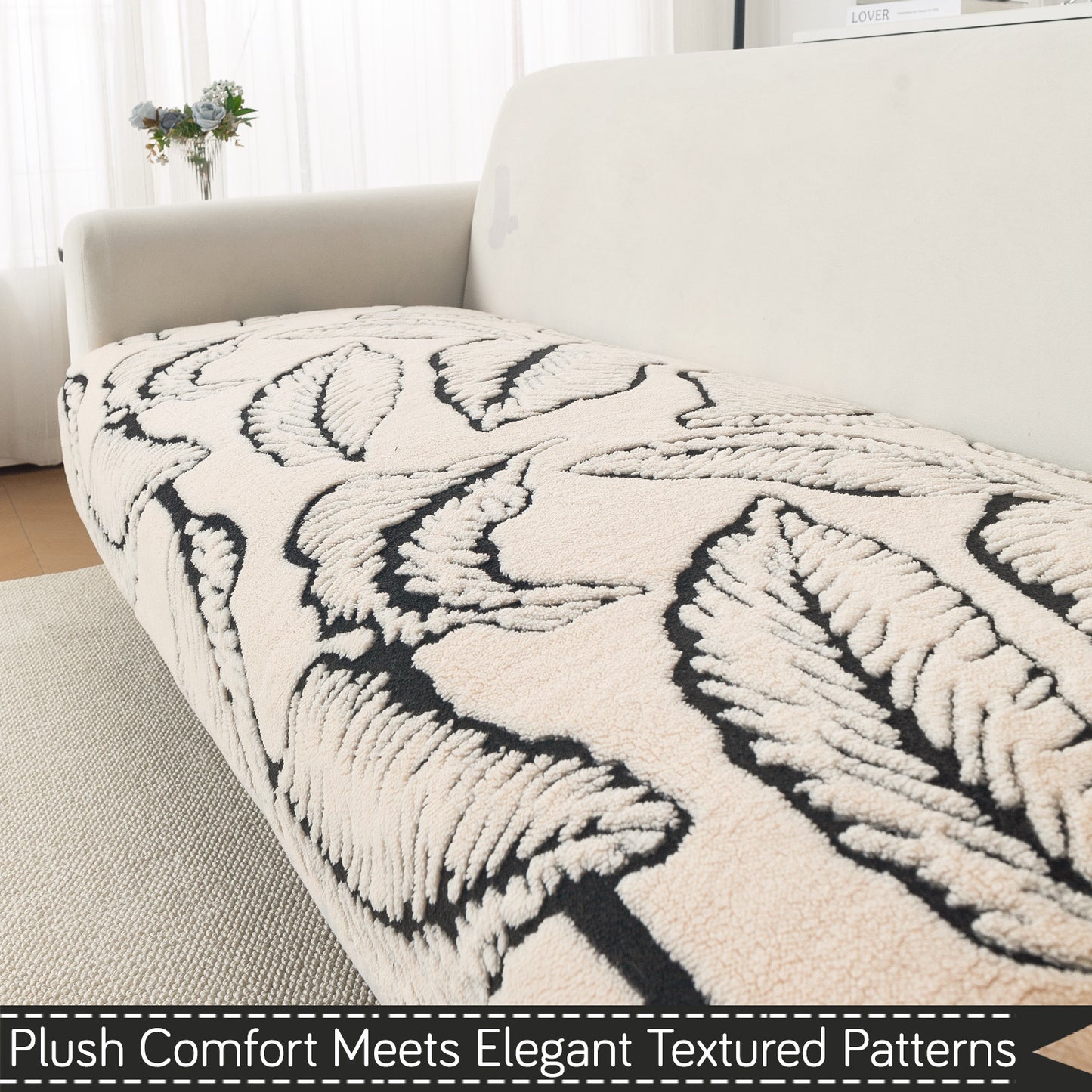 Premium Plush Sherpa 5-Seater Sofa Seat Mat (3+1+1), Noirea Series | Botanical Leaf