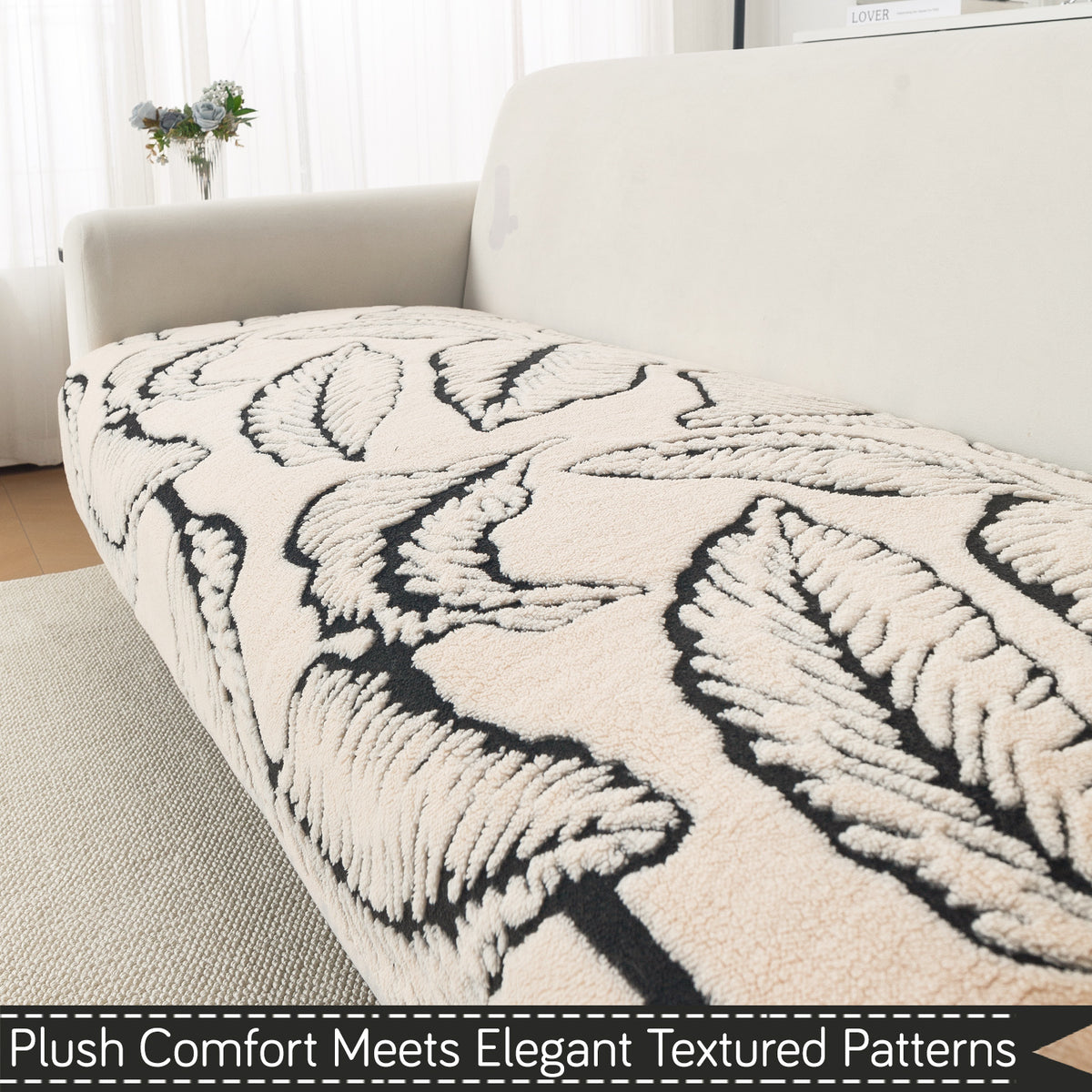 Luxury Plush Sherpa Anti Slip Combination Sofa Mat, 'Noirea Series'|Botanical Leaf