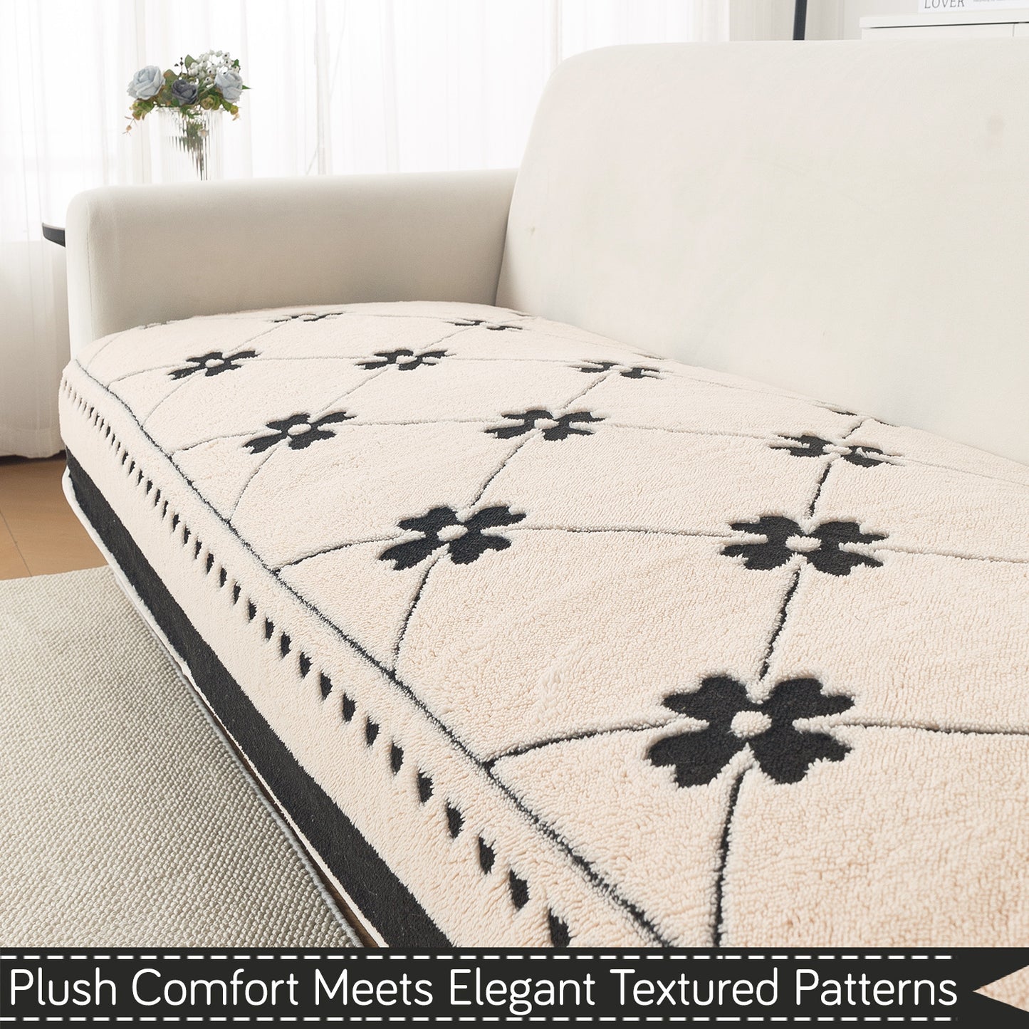 Premium Plush Sherpa 5-Seater Sofa Seat Mat (3+1+1), Noirea Series | Floral Lattice