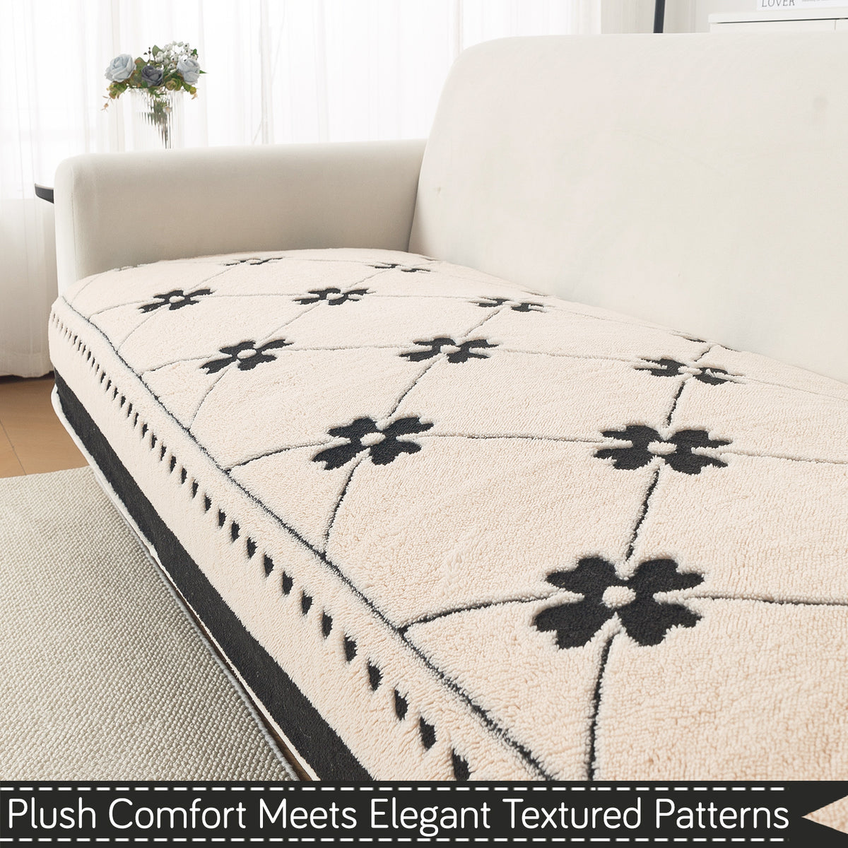 Luxury Plush Sherpa Anti Slip Combination Sofa Mat, 'Noirea Series'|Floral Lattice