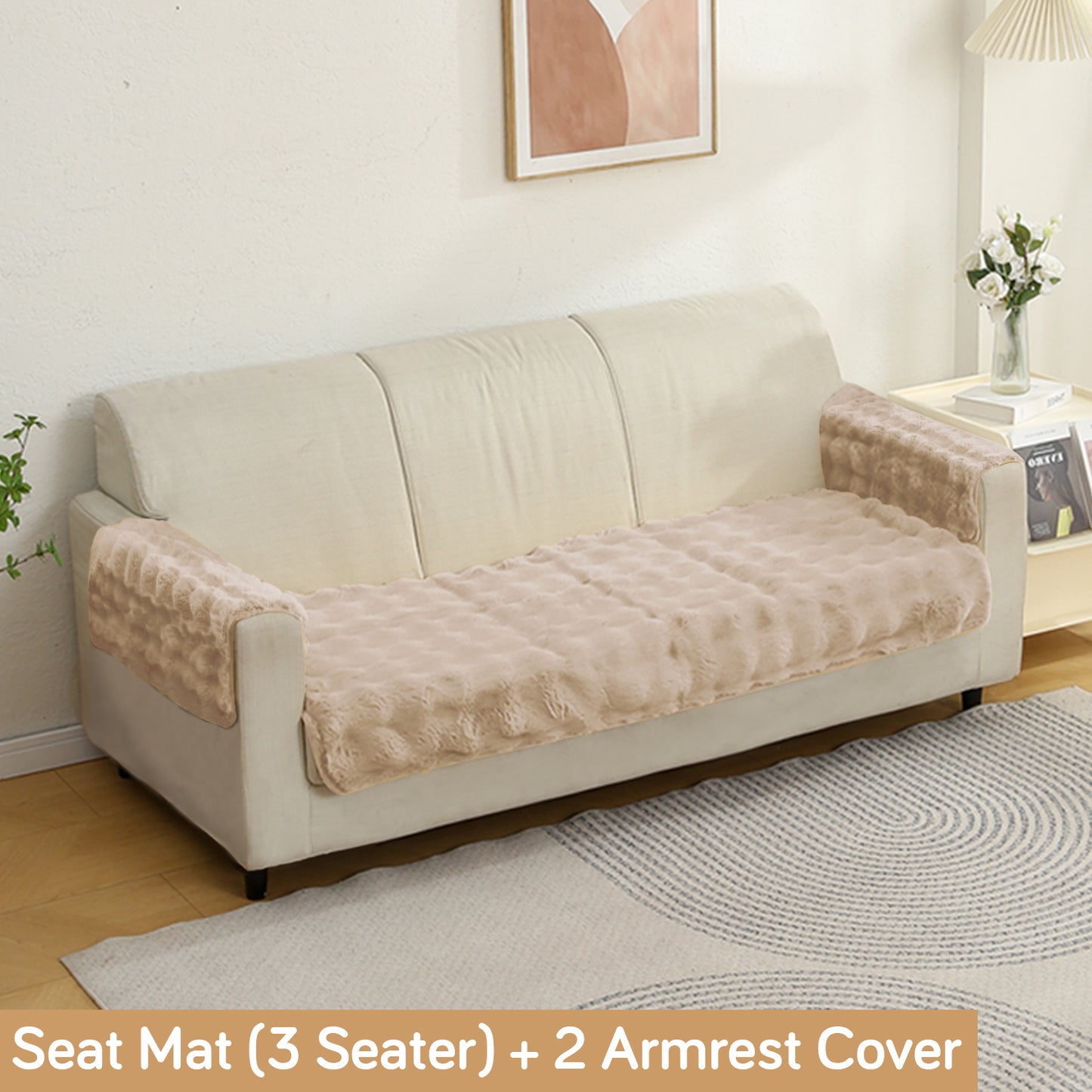 Premium Faux Rabbit Fur Anti Slip Sofa Cover Mat with 2 Armrest Cover, Latte Brown